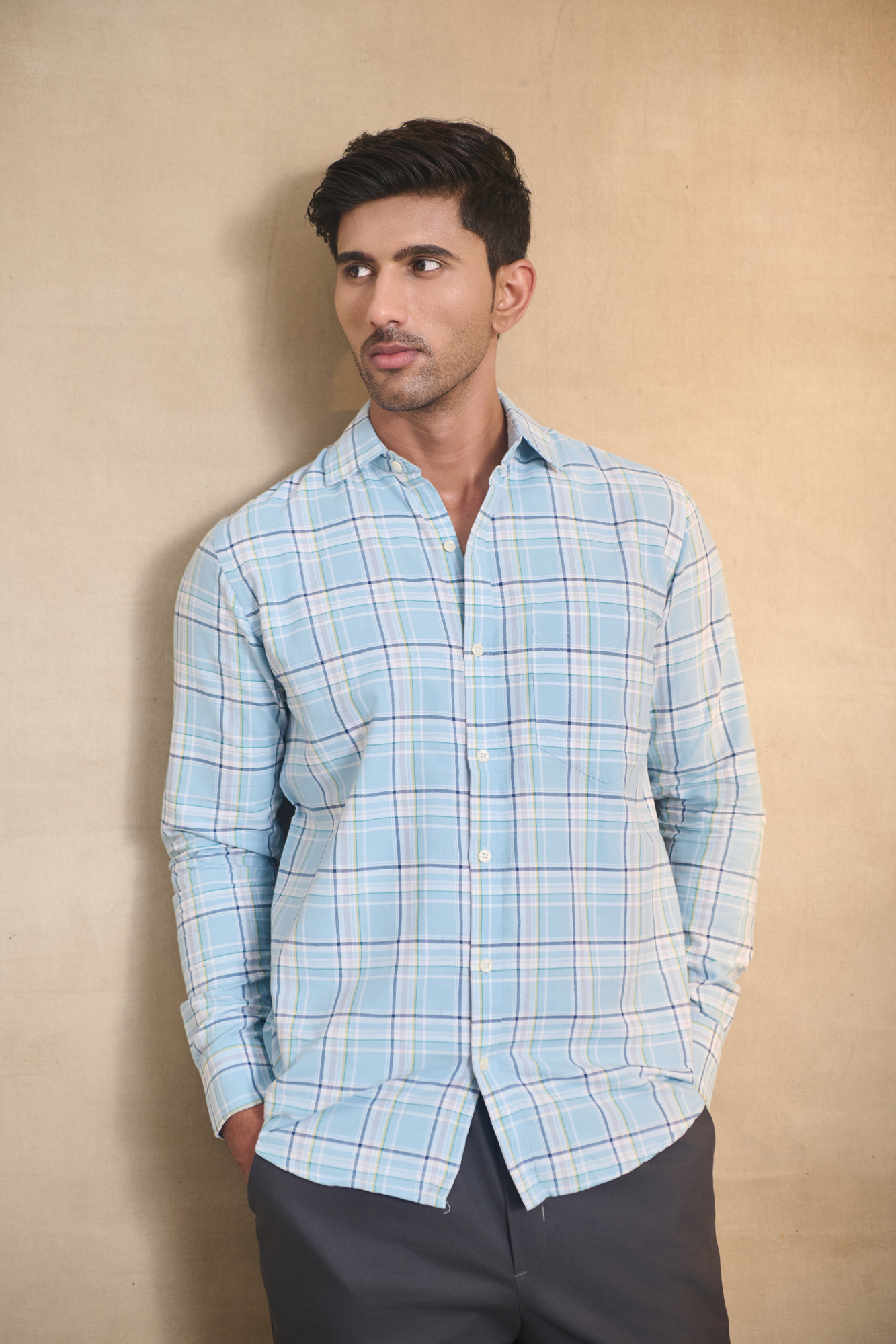 Oxford Check Shirt with 1 Patch Pocket - Light Blue