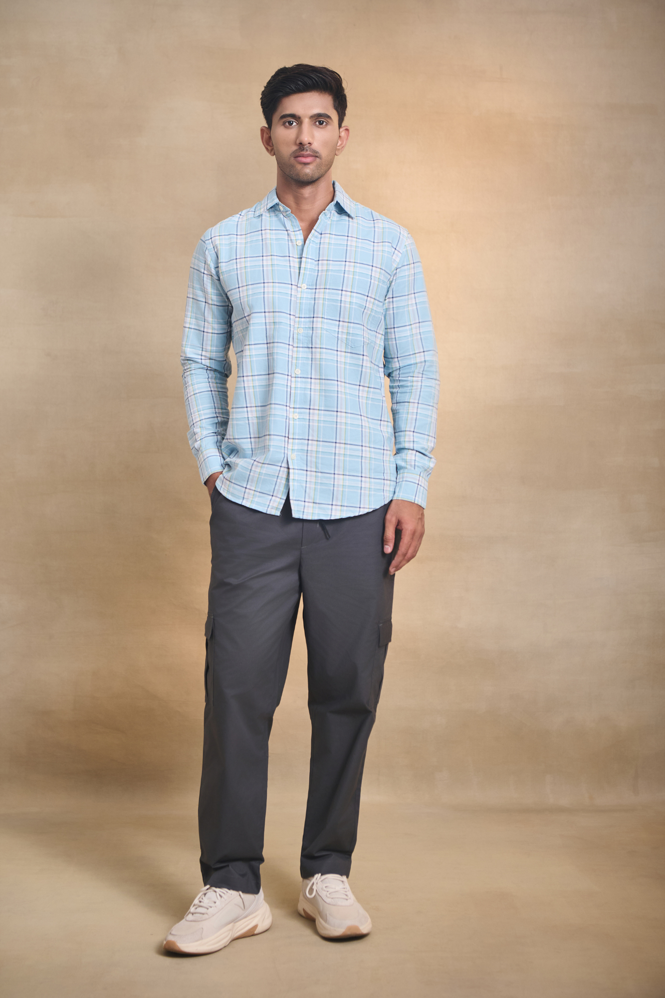 Oxford Check Shirt with 1 Patch Pocket - Light Blue