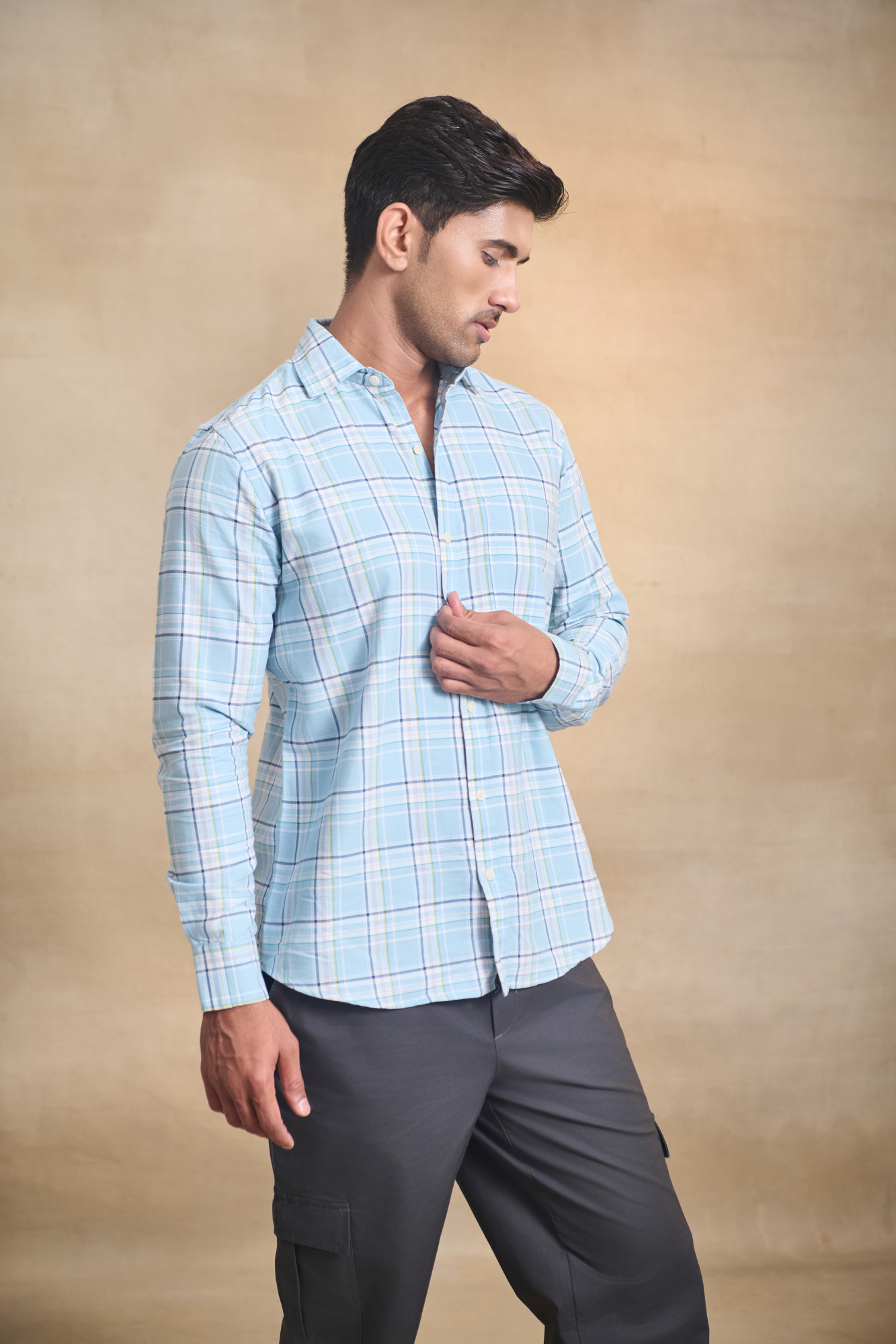 Oxford Check Shirt with 1 Patch Pocket - Light Blue