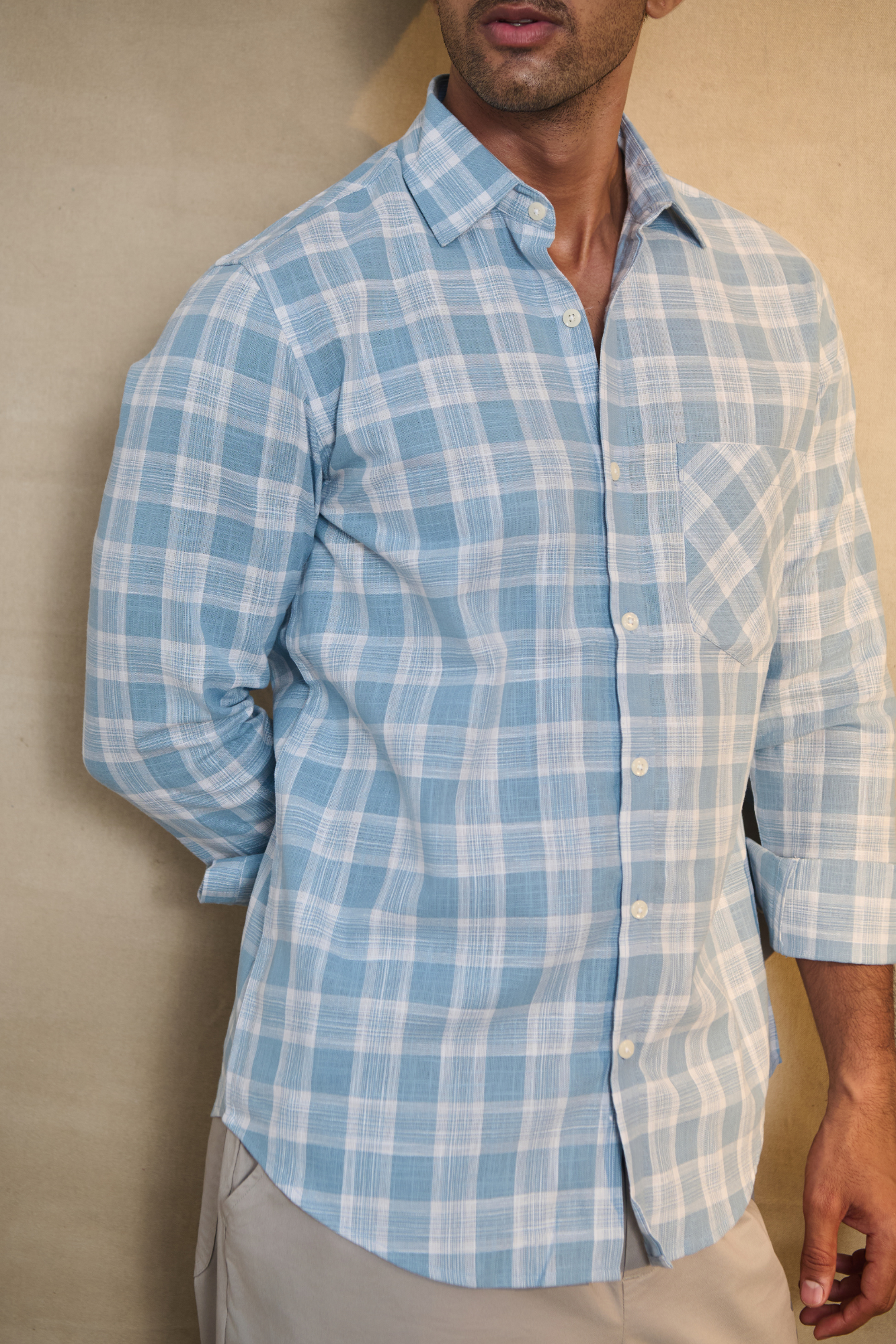 Cotton Linen Blend Check Shirt - Blue