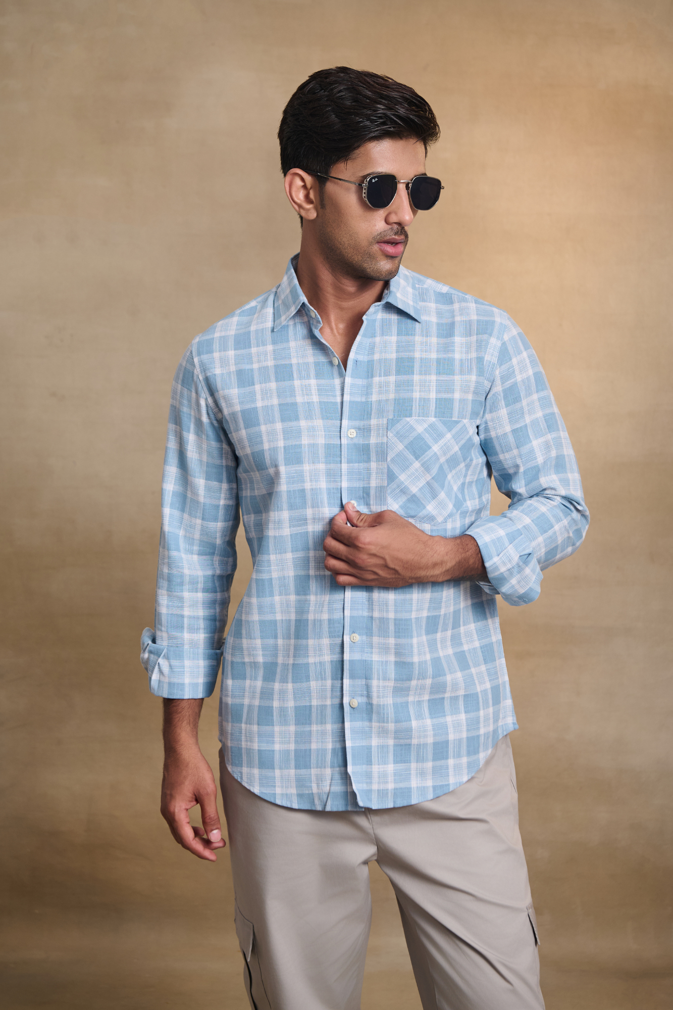 Cotton Linen Blend Check Shirt - Blue