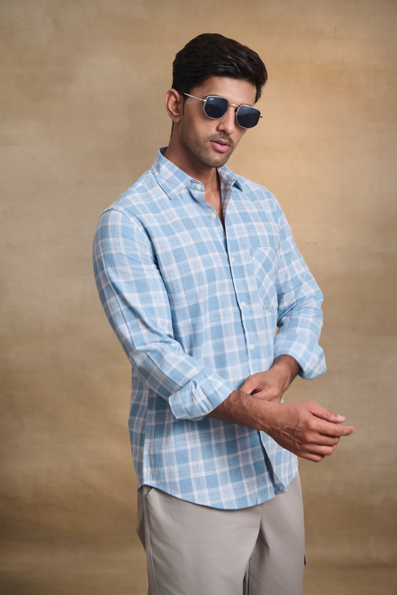 Cotton Linen Blend Check Shirt - Blue