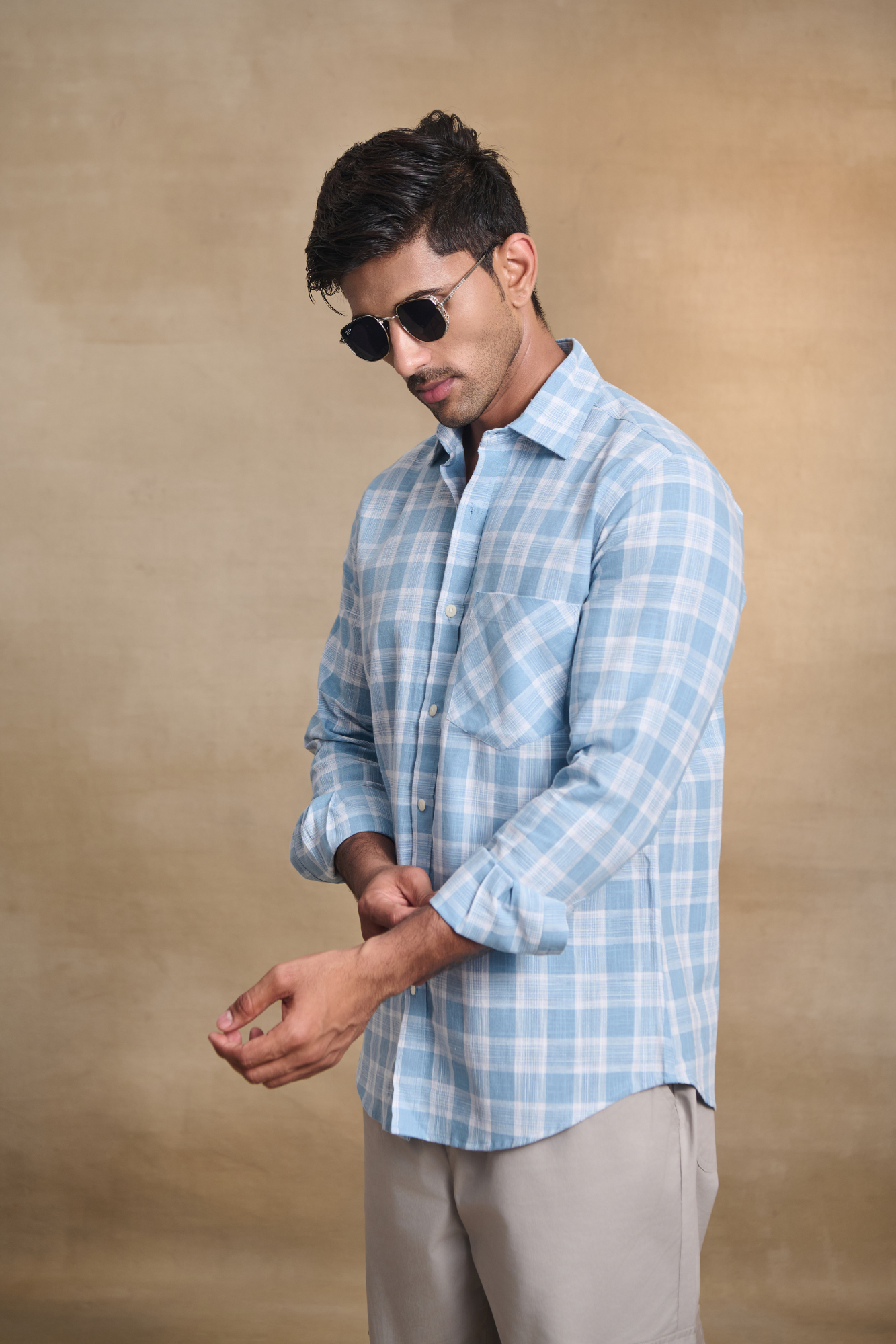 Cotton Linen Blend Check Shirt - Blue