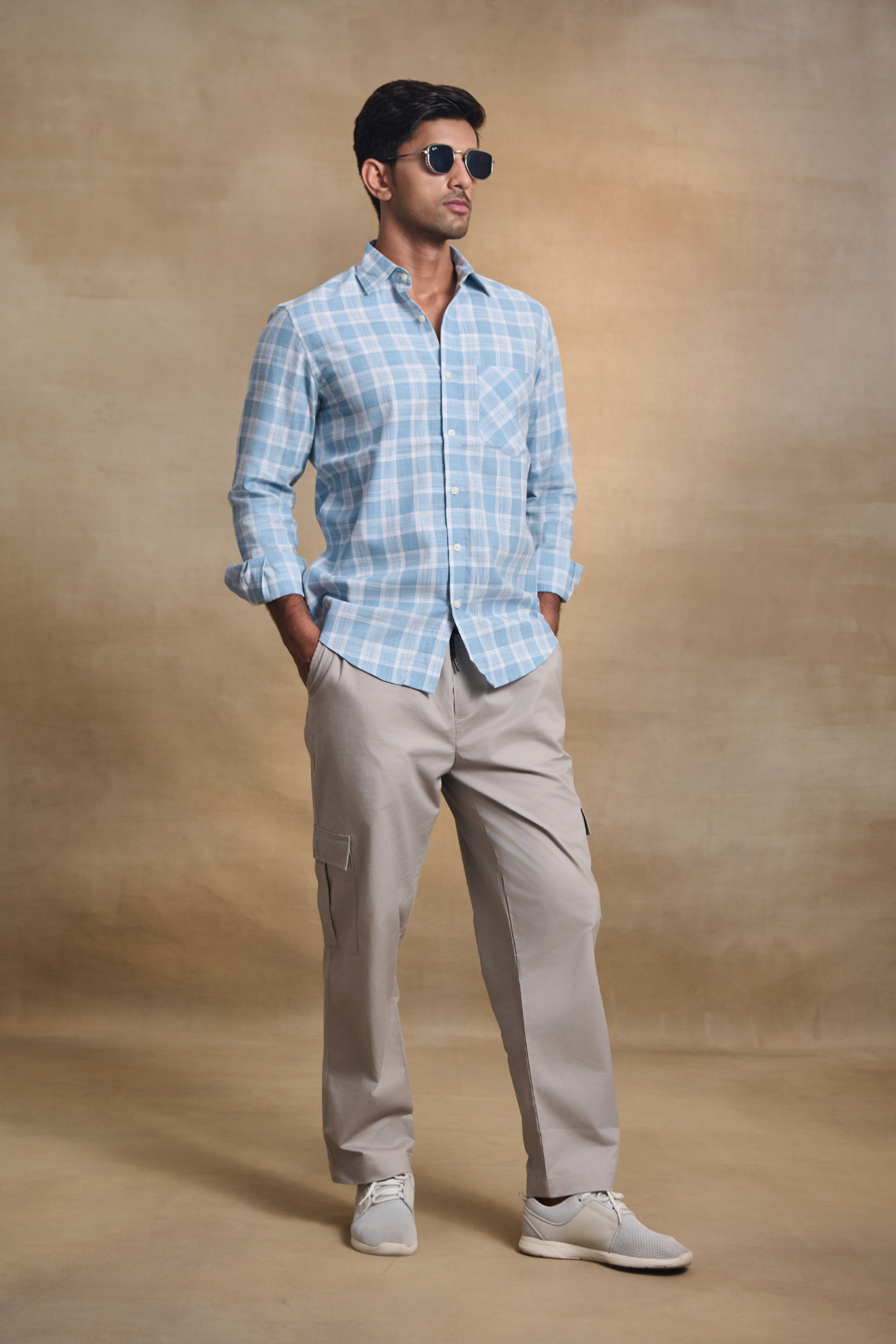 Cotton Linen Blend Check Shirt - Blue