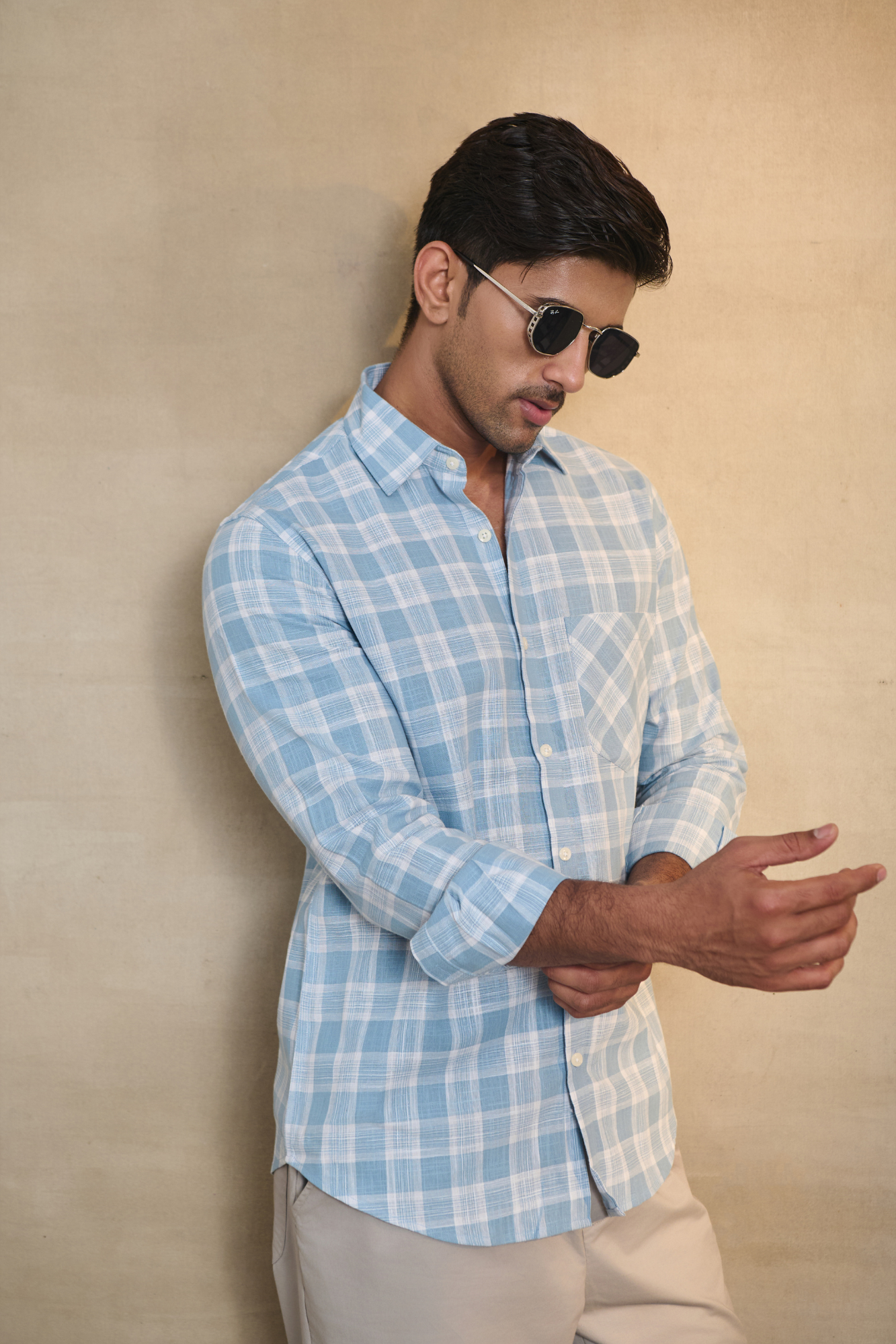 Cotton Linen Blend Check Shirt - Blue