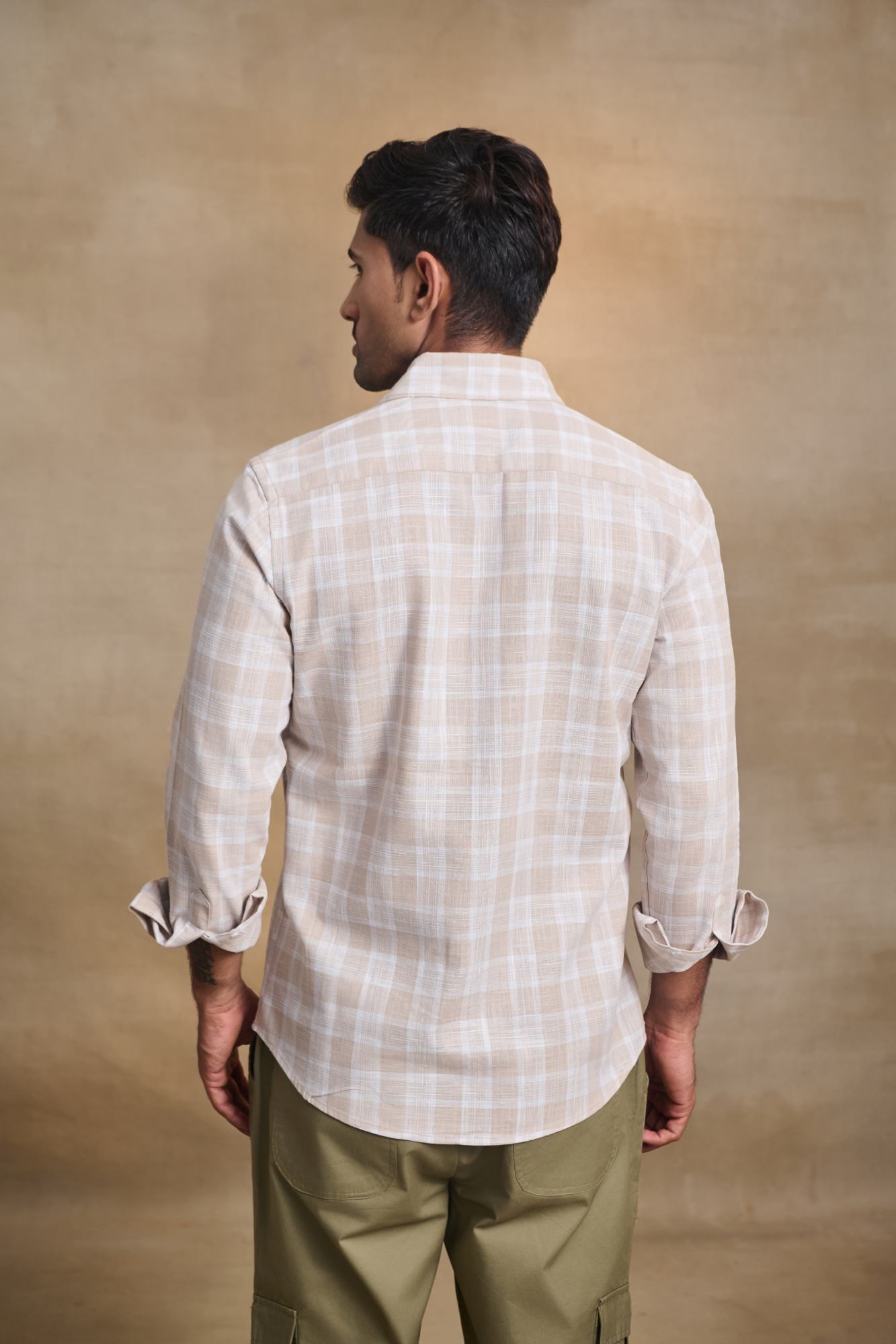 Cotton Linen Blend Check Shirt - Light Beige
