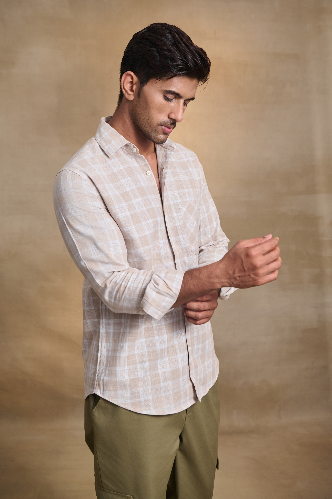 Cotton Linen Blend Check Shirt - Light Beige