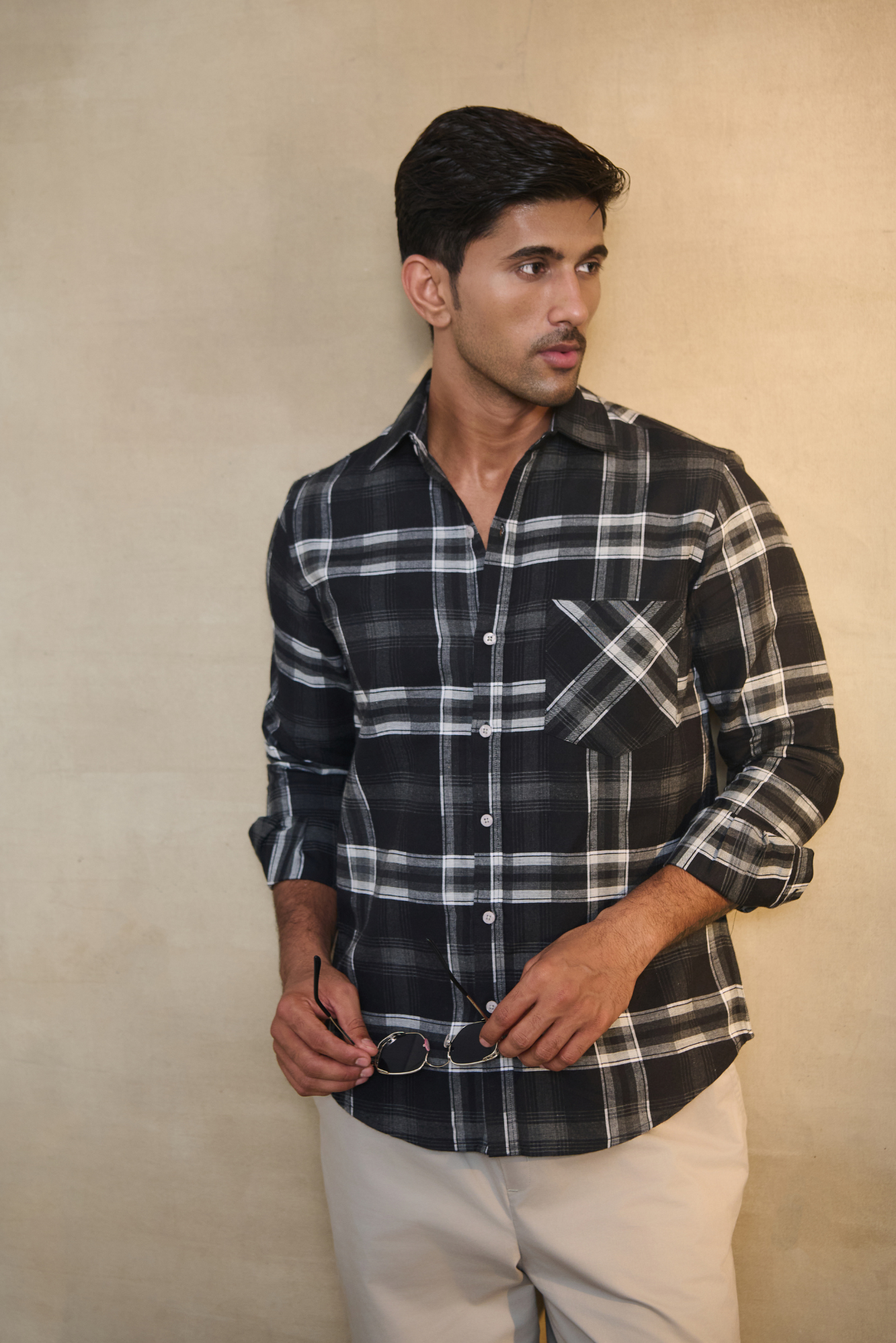 Regular Fit Melange Check Shirt - Black