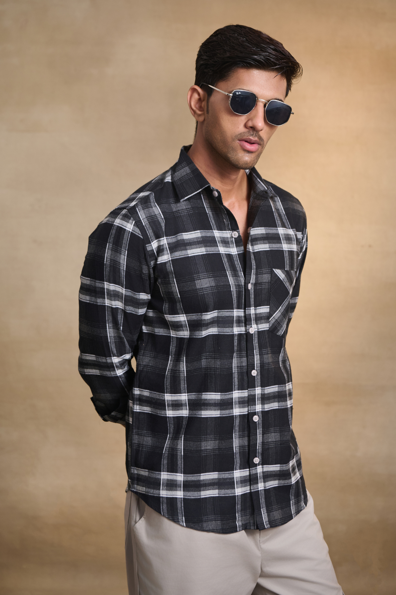 Regular Fit Melange Check Shirt - Black