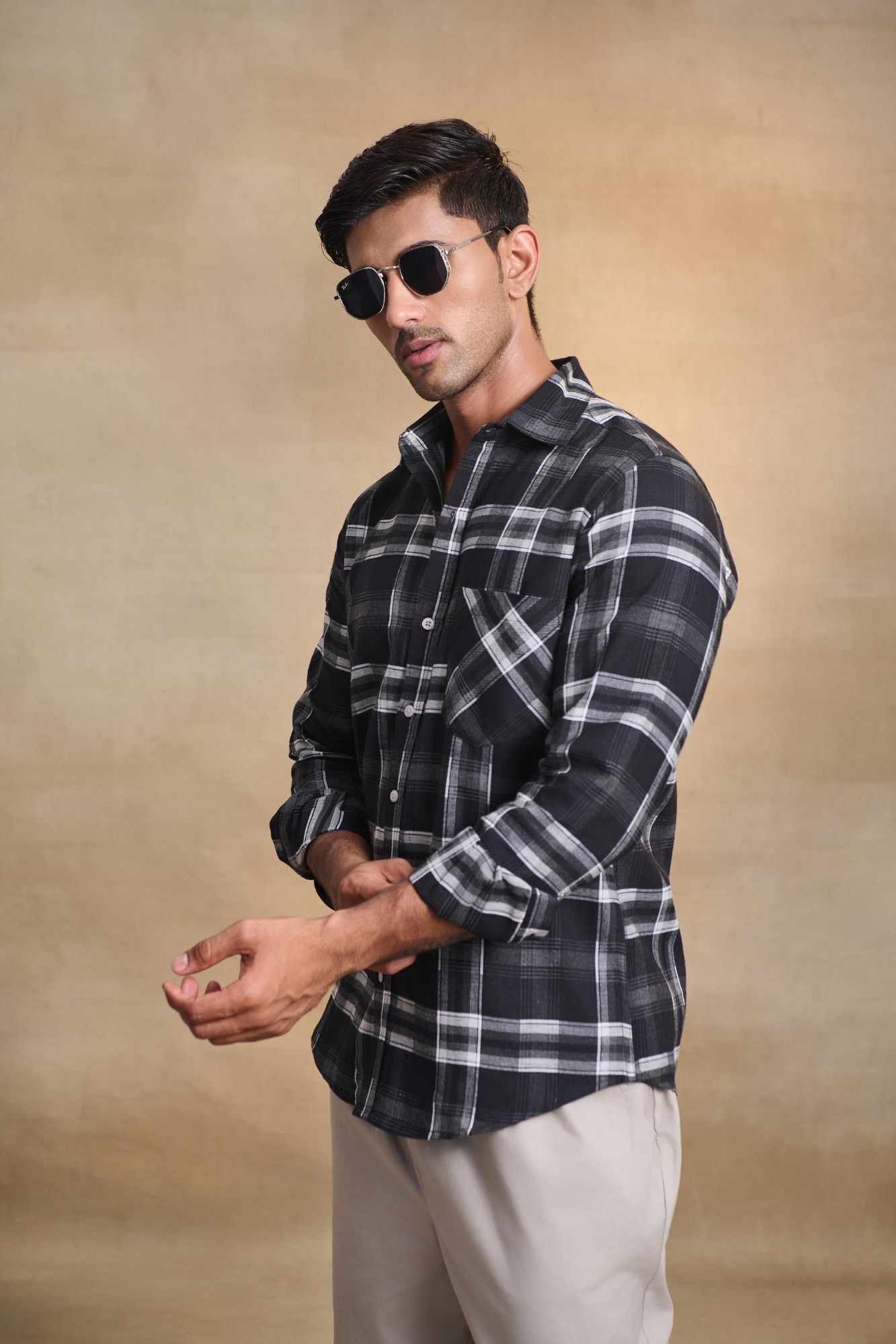 Regular Fit Melange Check Shirt - Black
