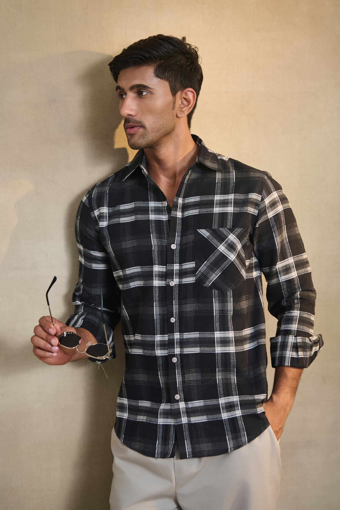 Regular Fit Melange Check Shirt - Black