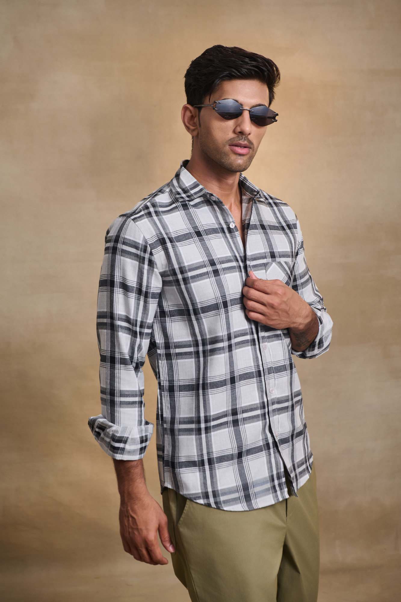 Regular Fit Melange Check Shirt - White