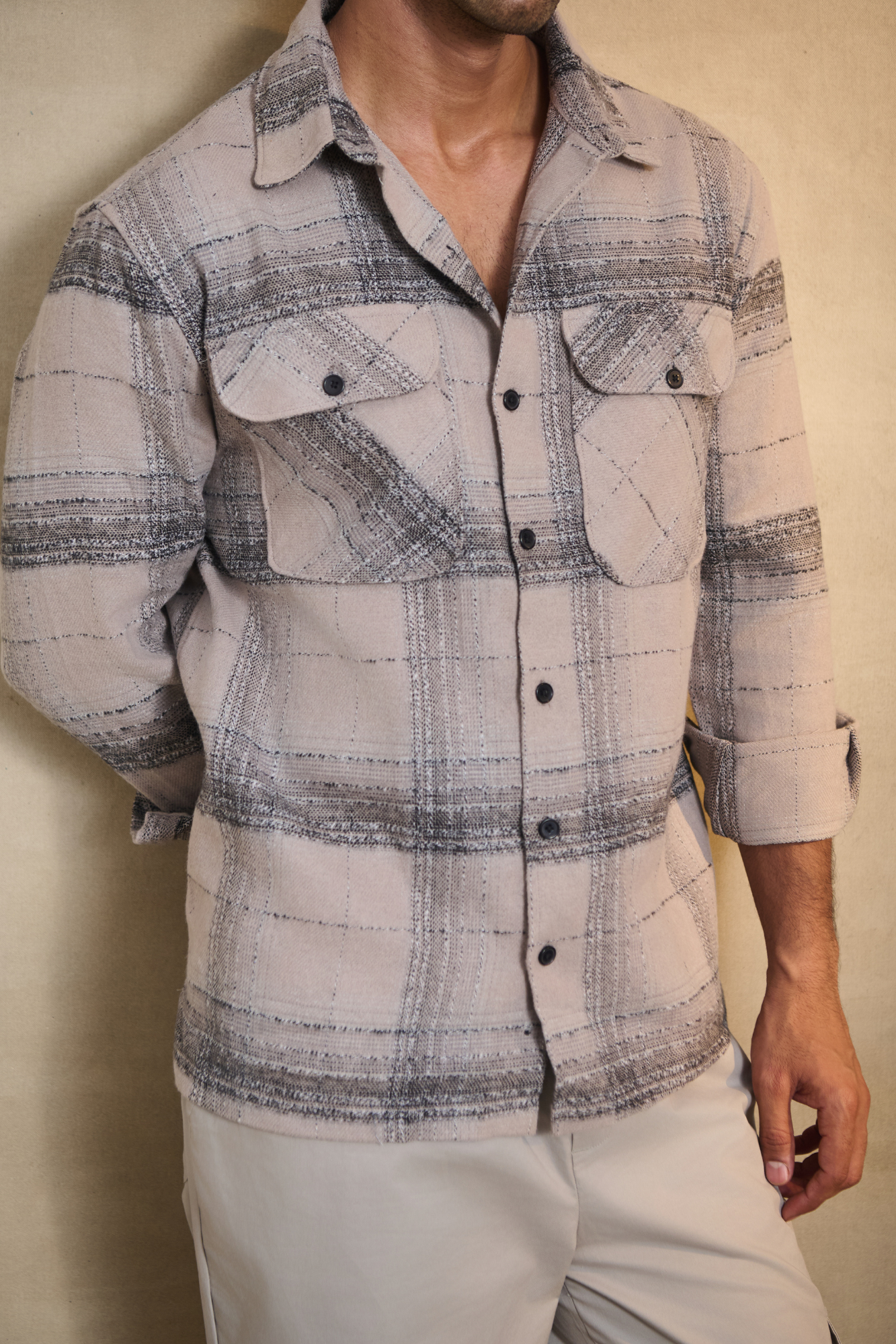 Brushed Check Oversize Shirt with Flapped Double Pocket - Dark Beige
