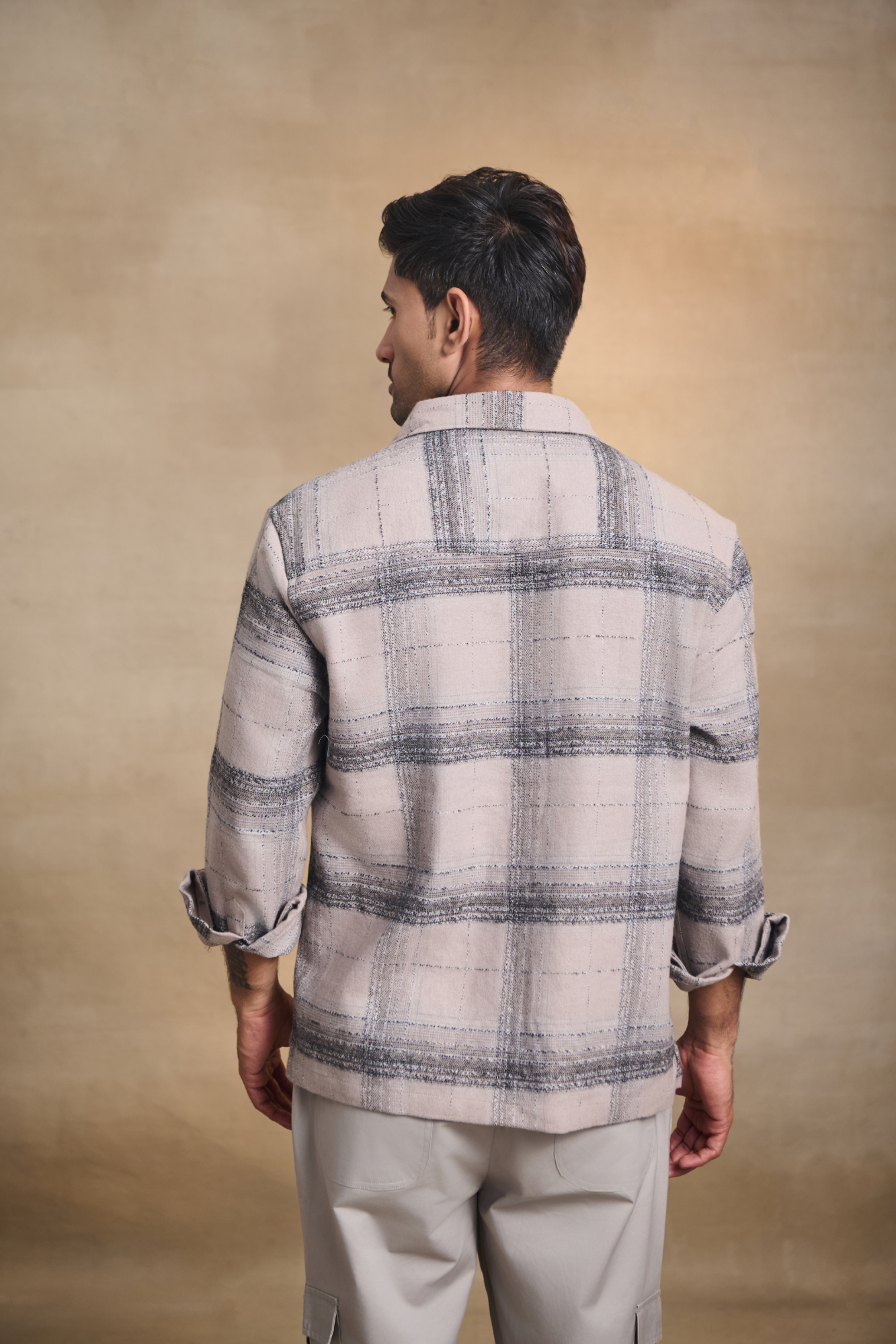 Brushed Check Oversize Shirt with Flapped Double Pocket - Dark Beige
