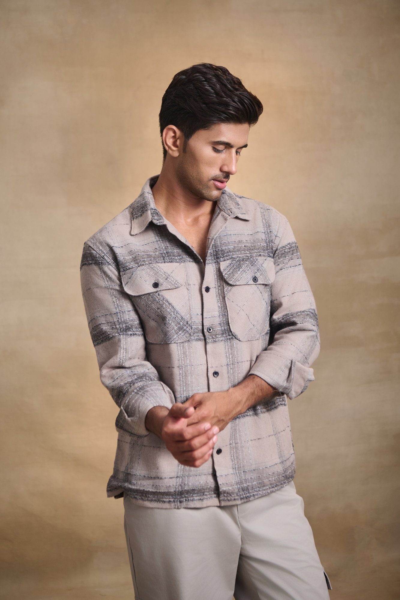 Brushed Check Oversize Shirt with Flapped Double Pocket - Dark Beige