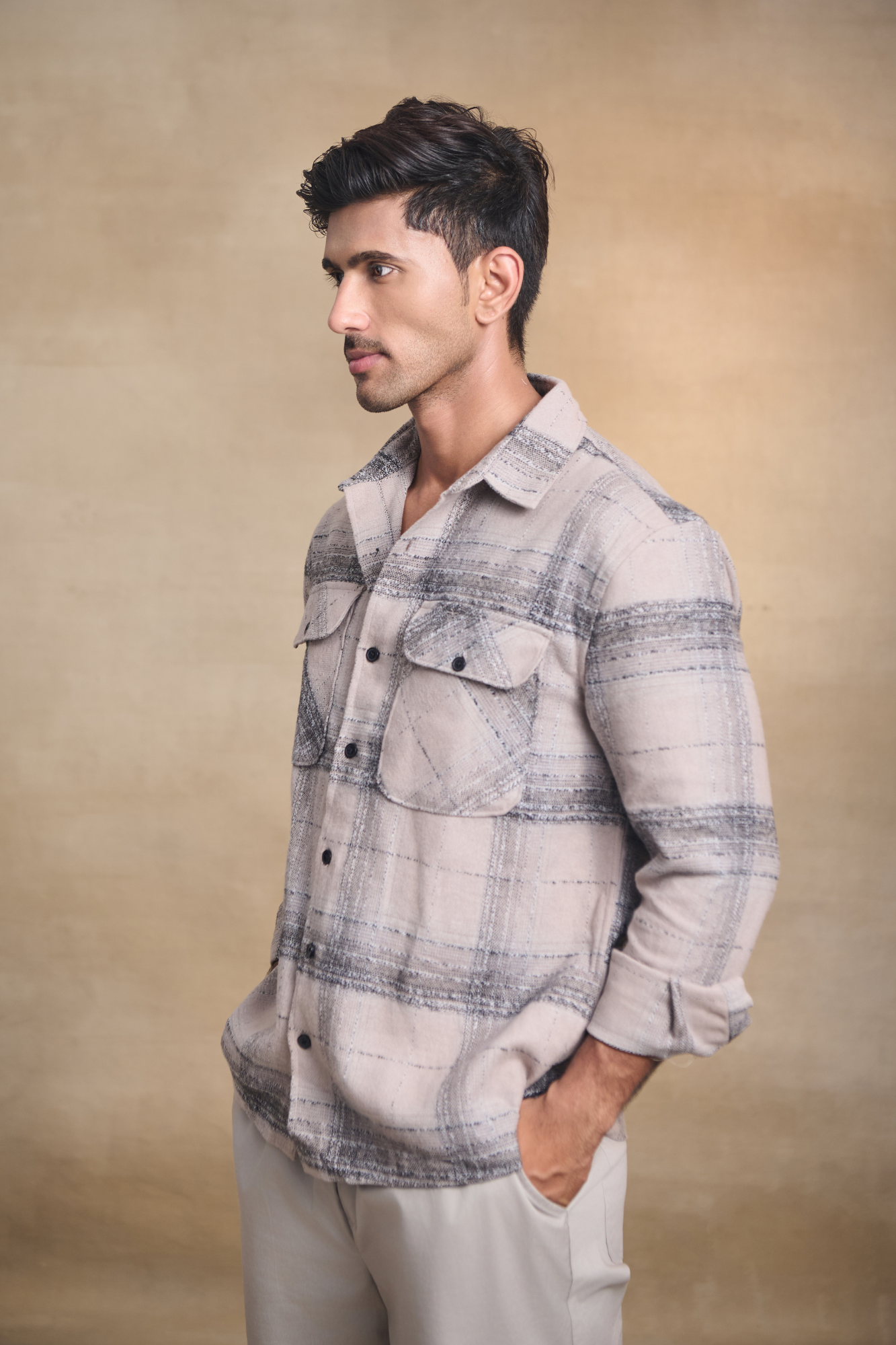 Brushed Check Oversize Shirt with Flapped Double Pocket - Dark Beige