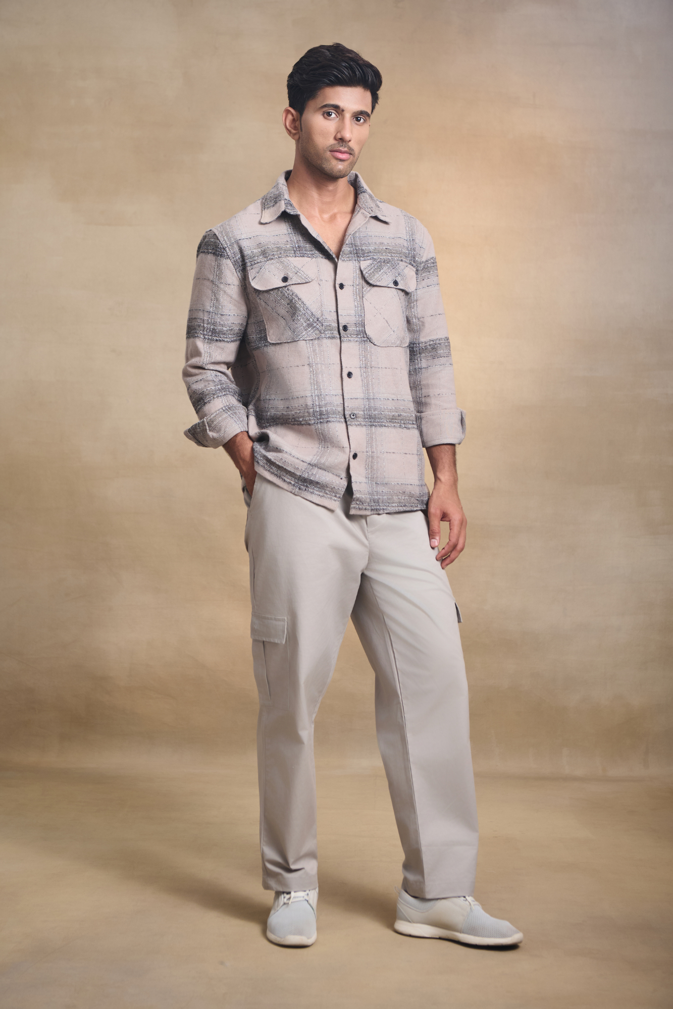 Brushed Check Oversize Shirt with Flapped Double Pocket - Dark Beige