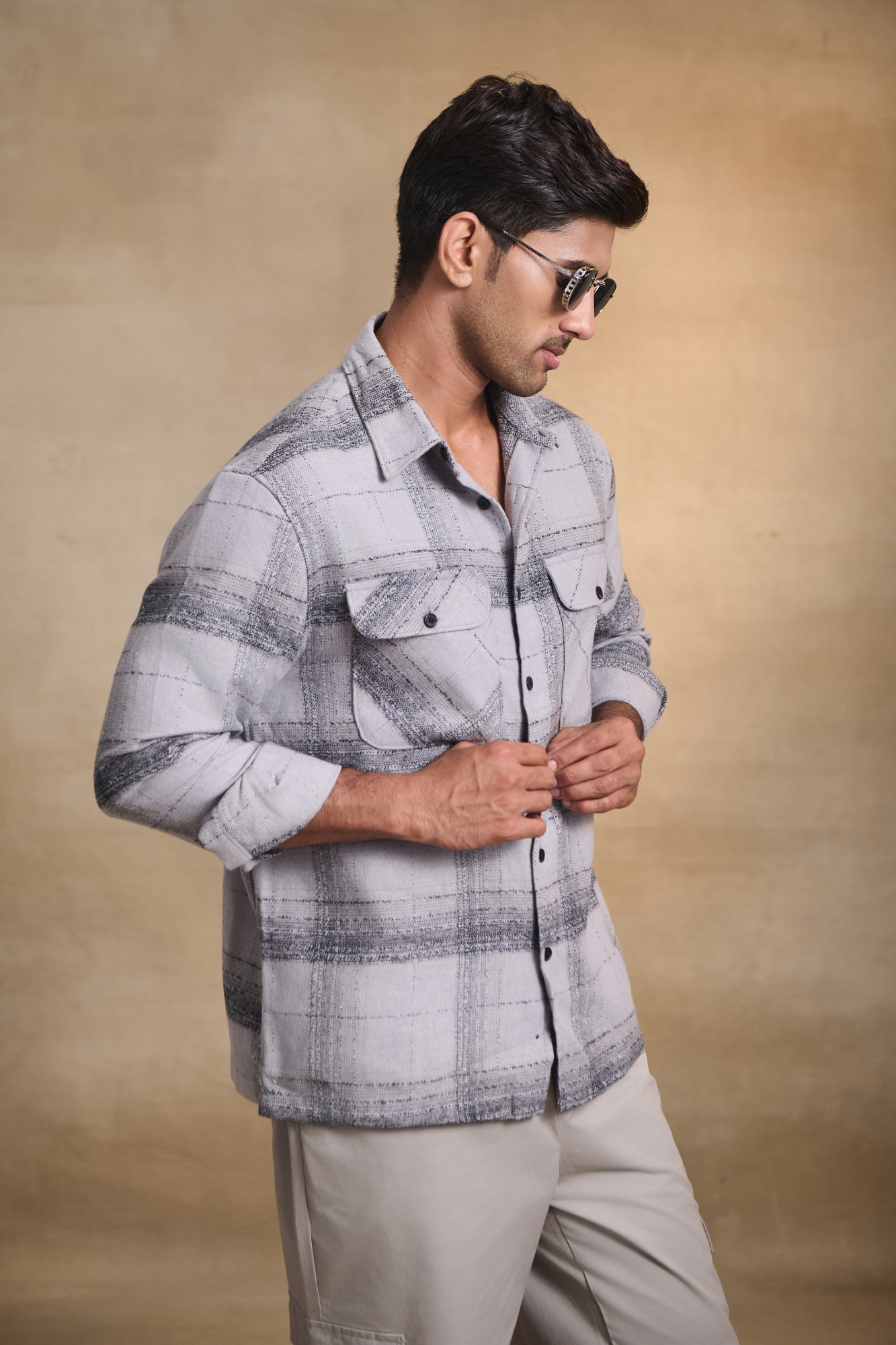 Brushed Check Oversize Shirt with Flapped Double Pocket - Light Grey