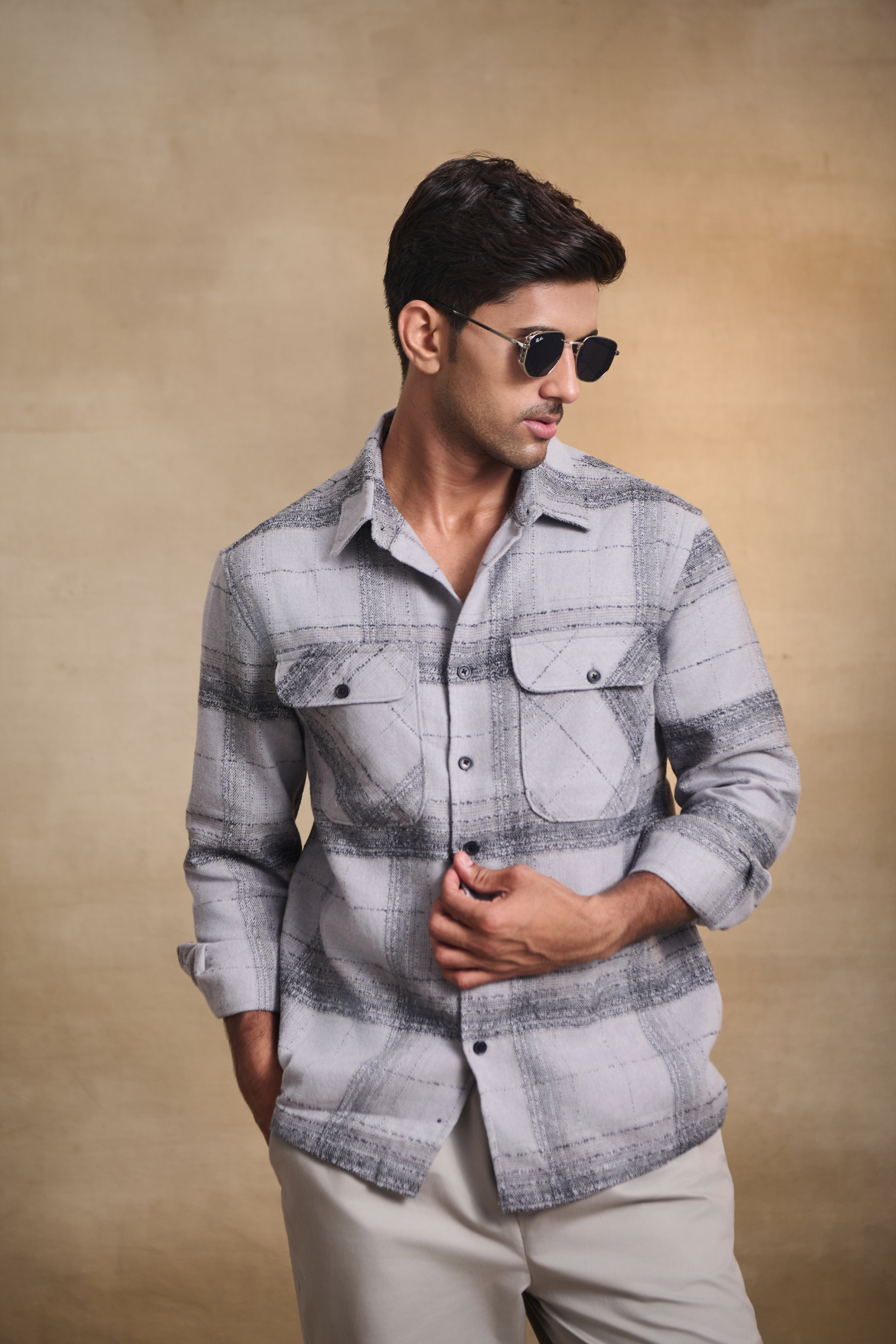 Brushed Check Oversize Shirt with Flapped Double Pocket - Light Grey