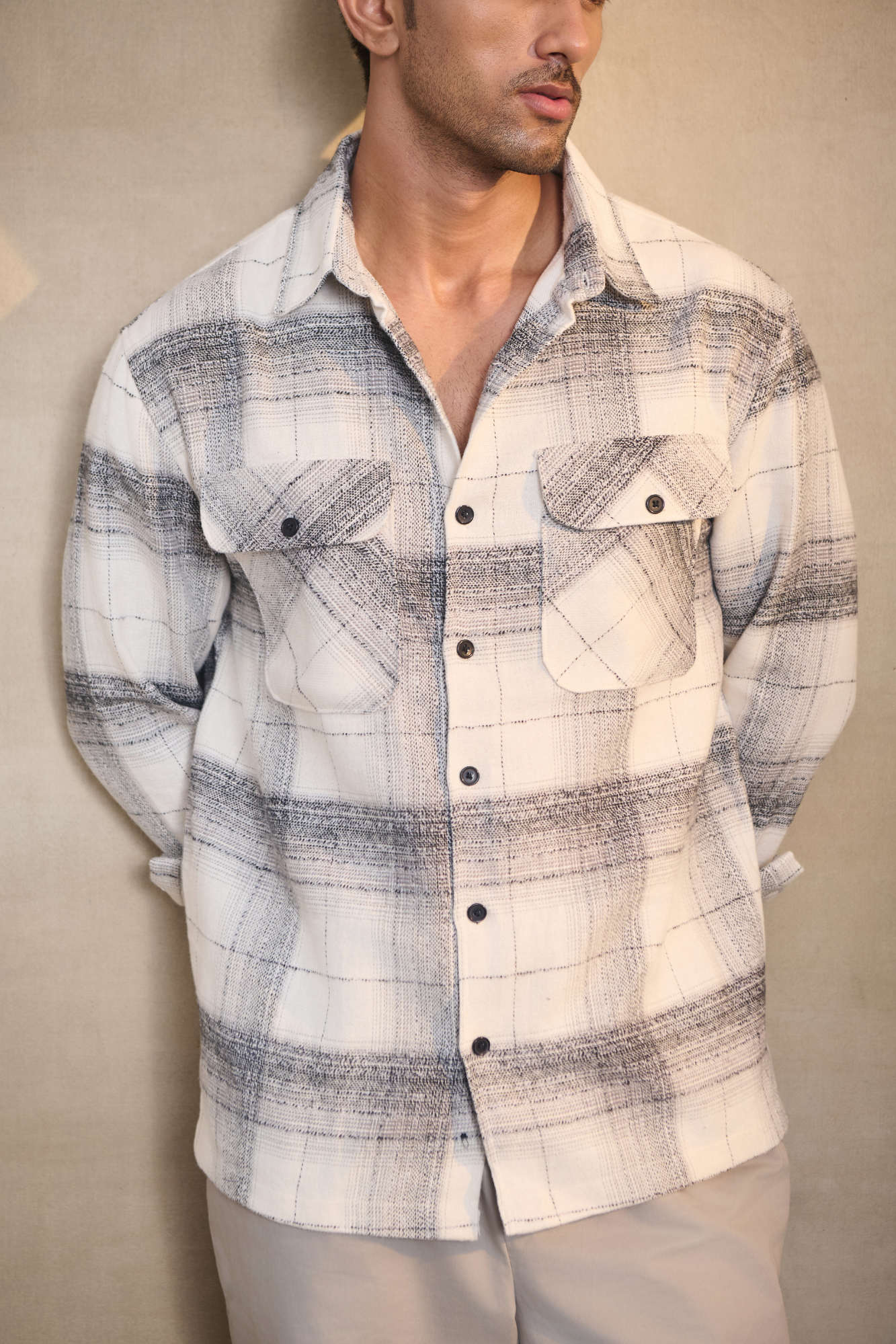 Brushed Check Oversize Shirt with Flapped Double Pocket - Off White