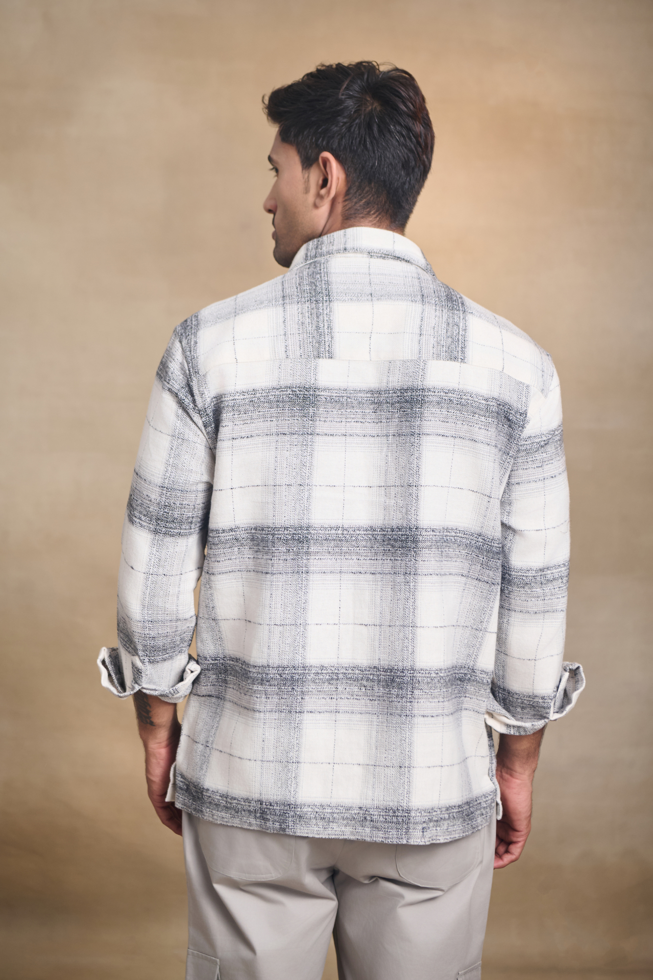 Brushed Check Oversize Shirt with Flapped Double Pocket - Off White