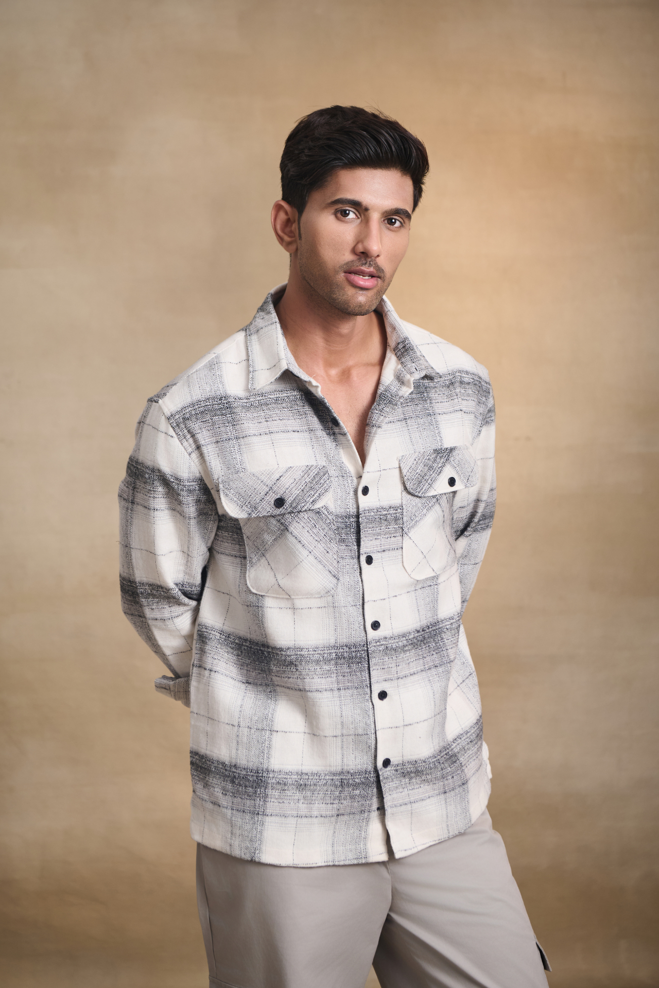 Brushed Check Oversize Shirt with Flapped Double Pocket Off White