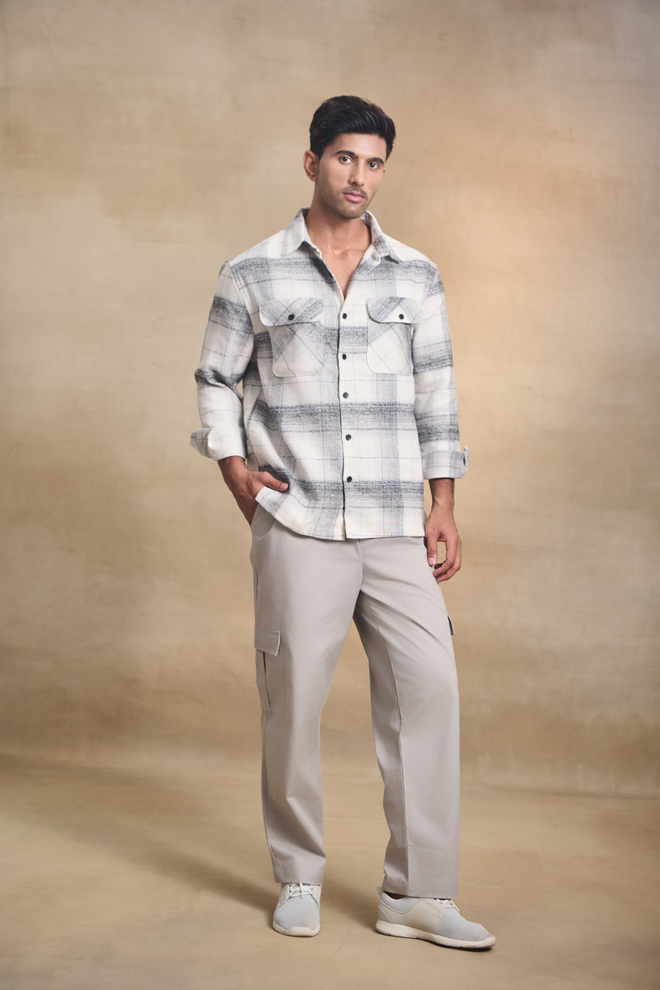 Brushed Check Oversize Shirt with Flapped Double Pocket - Off White