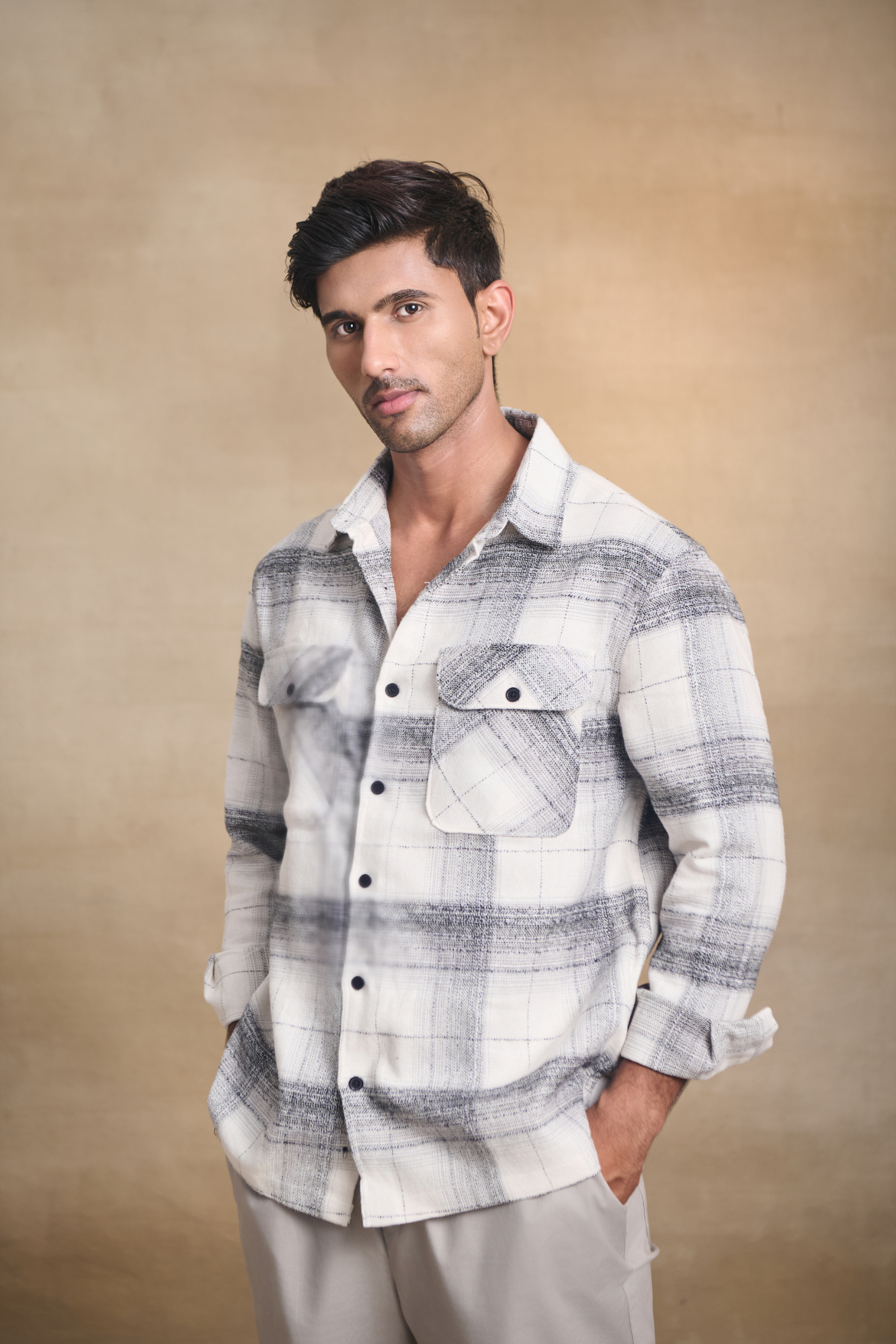 Brushed Check Oversize Shirt with Flapped Double Pocket - Off White