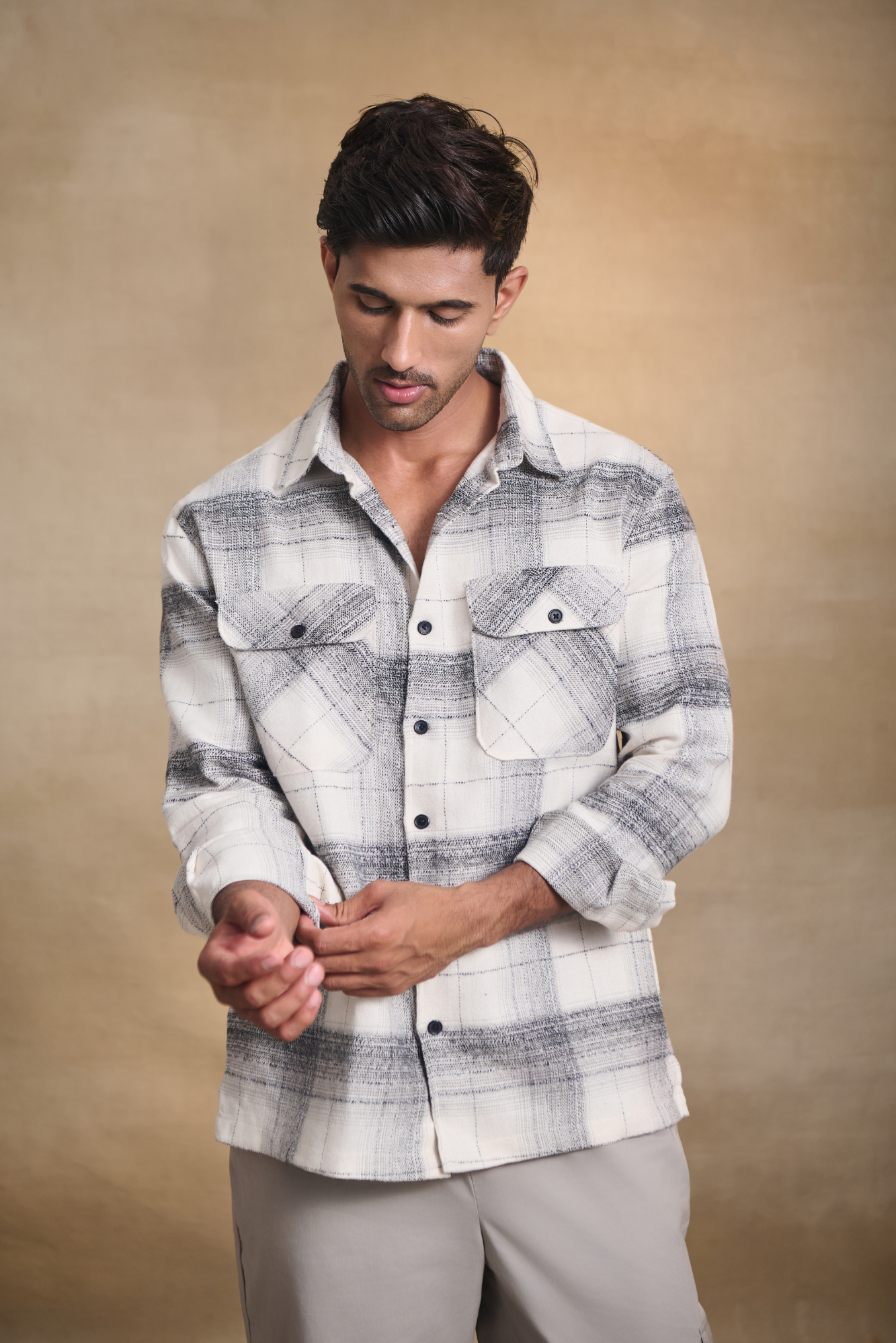 Brushed Check Oversize Shirt with Flapped Double Pocket - Off White