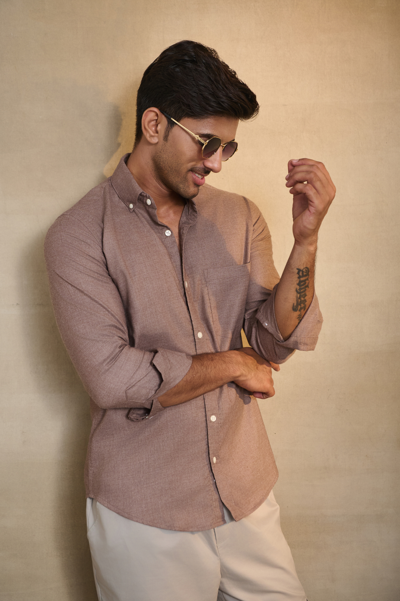 Premium Solid Melange Button Down Shirt - Beige