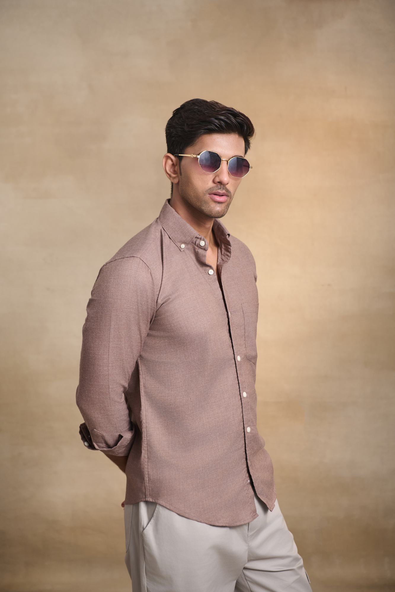 Premium Solid Melange Button Down Shirt - Beige
