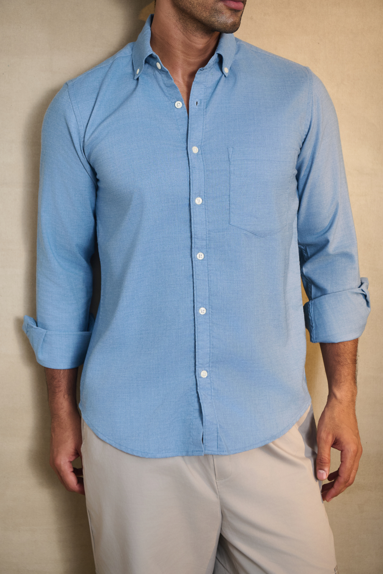 Premium Solid Melange Button Down Shirt - Light Blue
