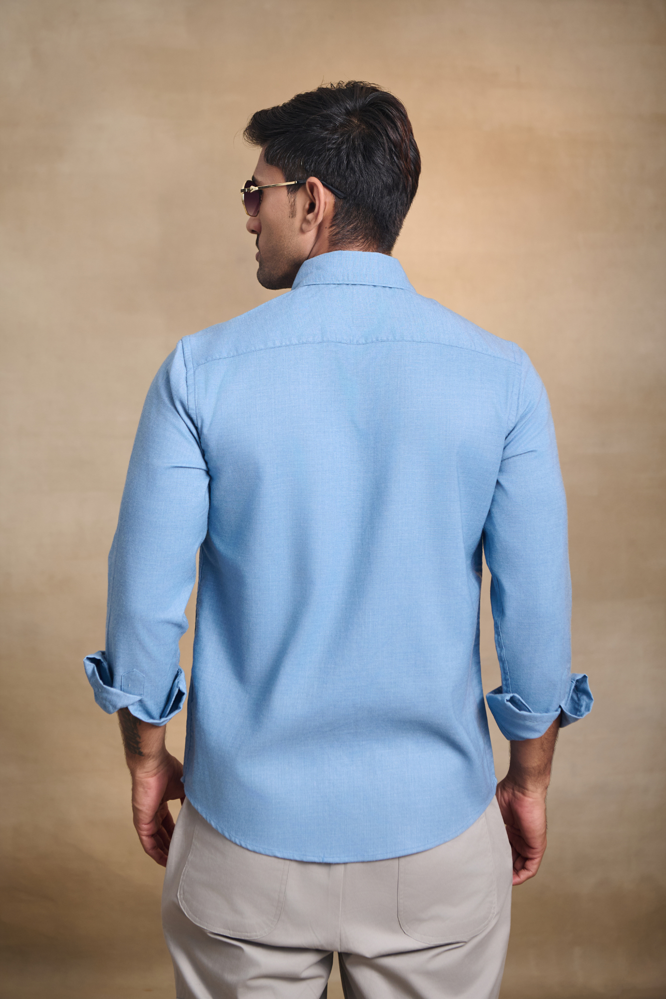 Premium Solid Melange Button Down Shirt - Light Blue