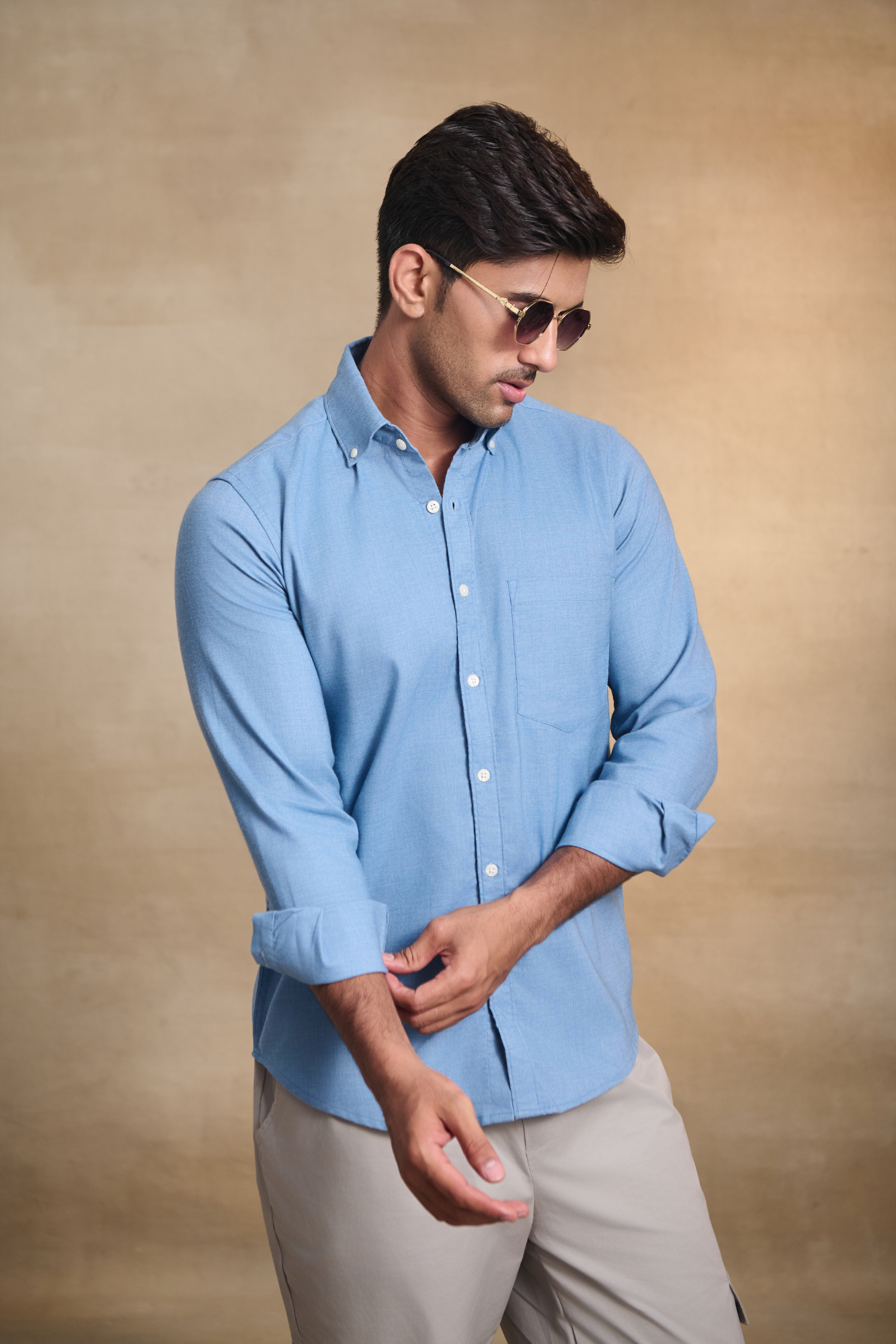 Premium Solid Melange Button Down Shirt - Light Blue