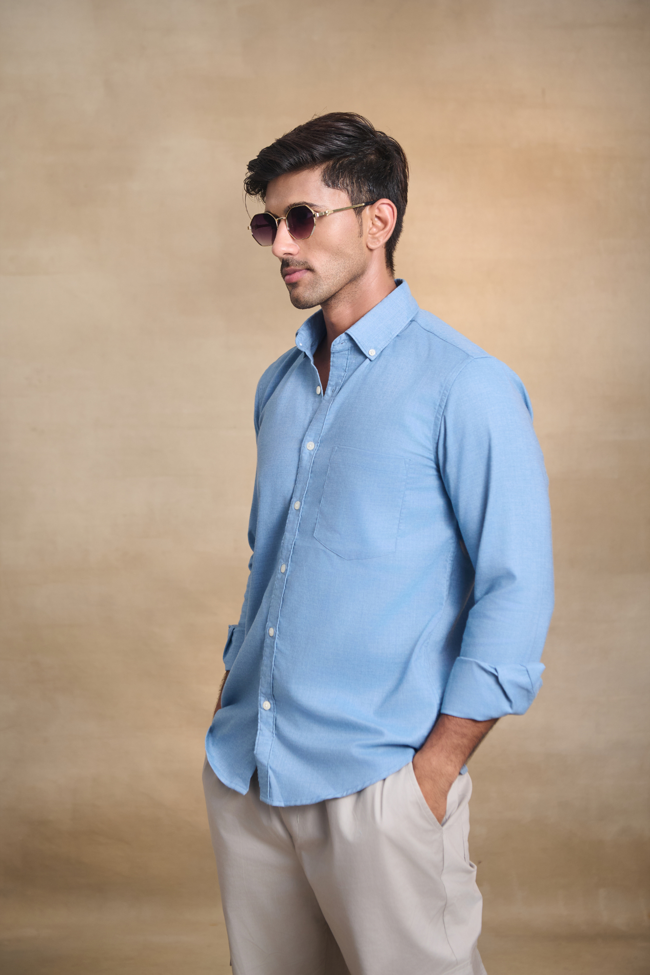 Premium Solid Melange Button Down Shirt - Light Blue