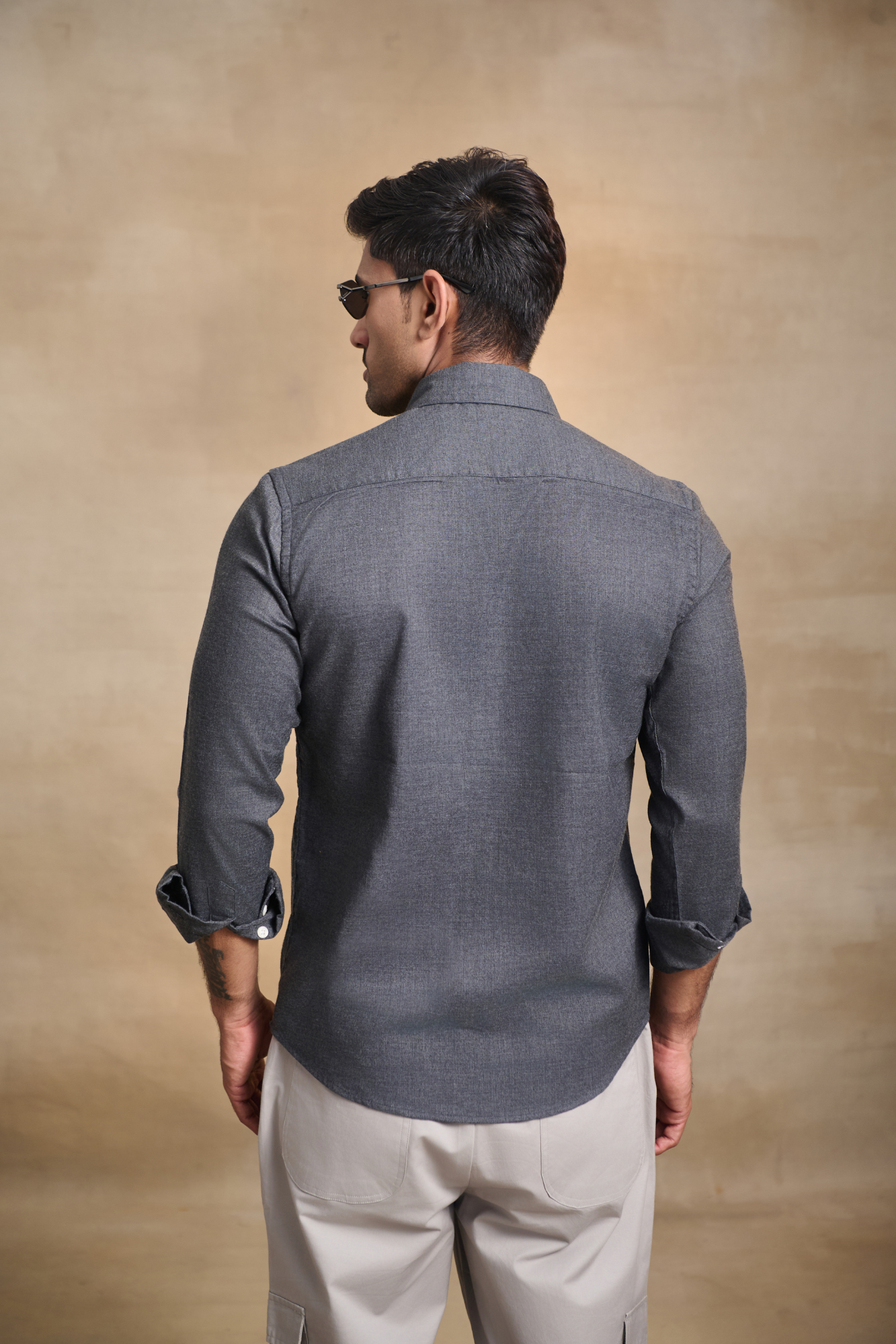 Premium Solid Melange Button Down Shirt - Dark Grey