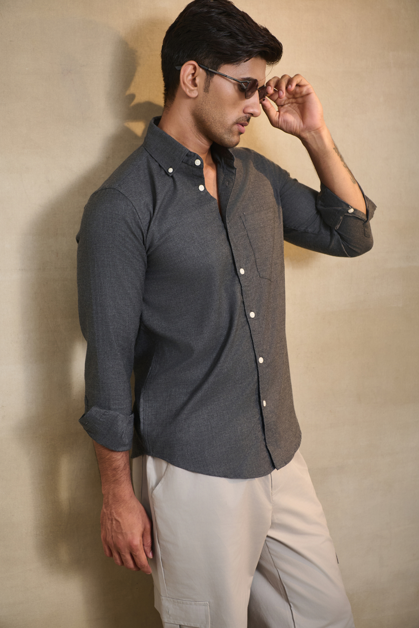 Premium Solid Melange Button Down Shirt - Dark Grey