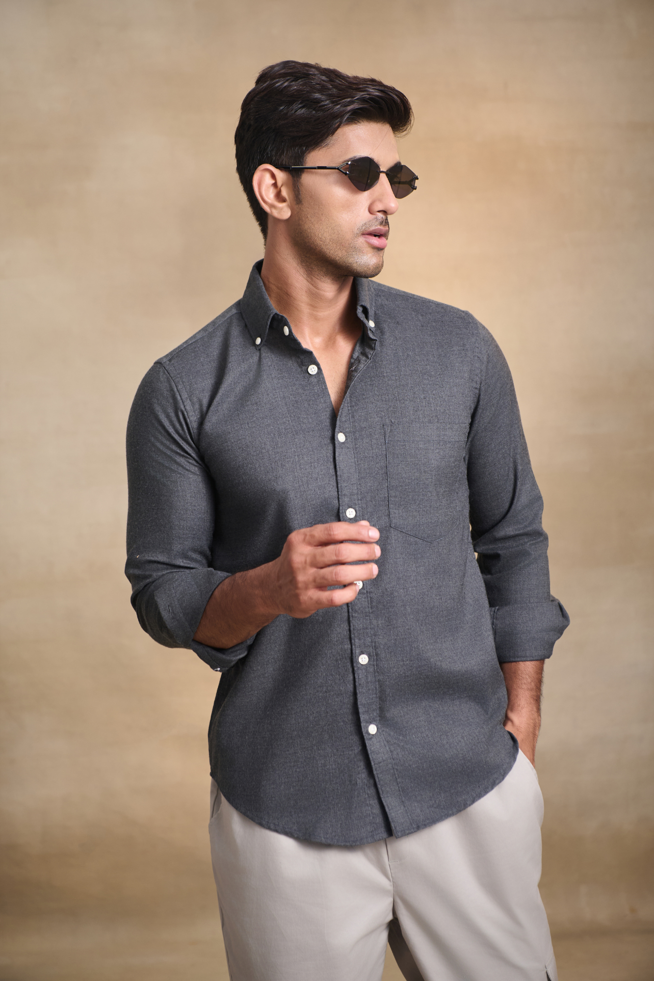 Premium Solid Melange Button Down Shirt - Dark Grey