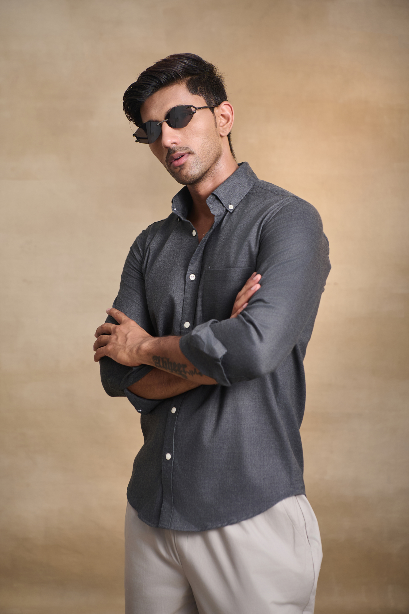 Premium Solid Melange Button Down Shirt - Dark Grey