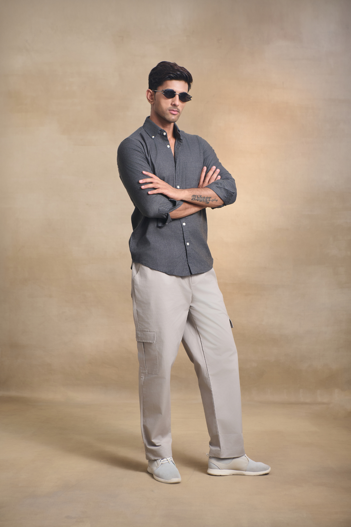 Premium Solid Melange Button Down Shirt - Dark Grey