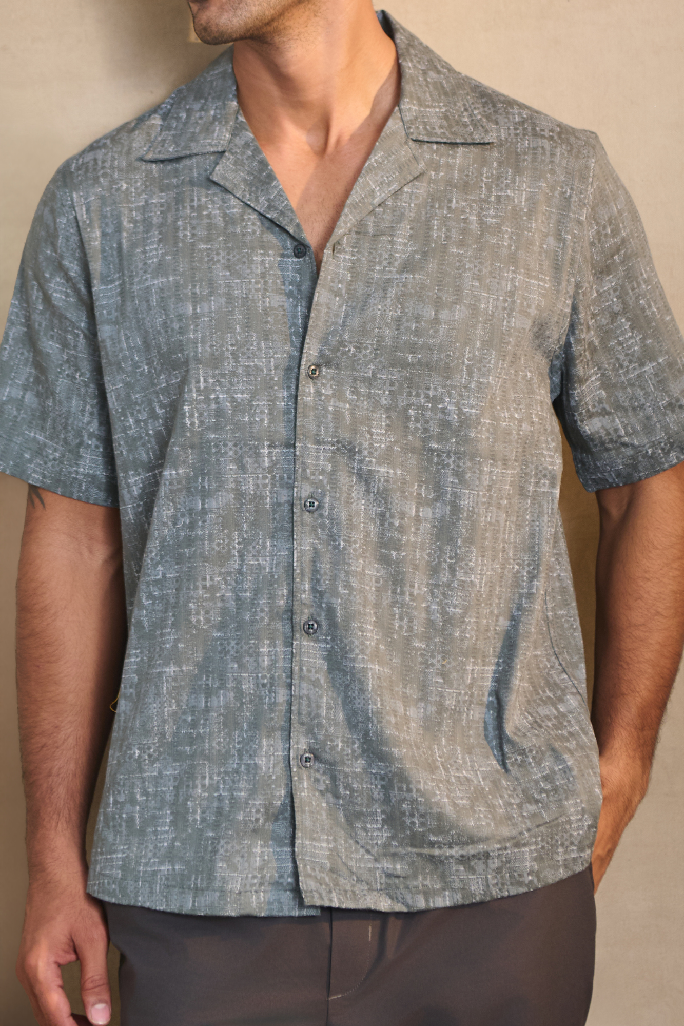 Half Sleeves Printed Cuban Collar Oversize Shirt - Green