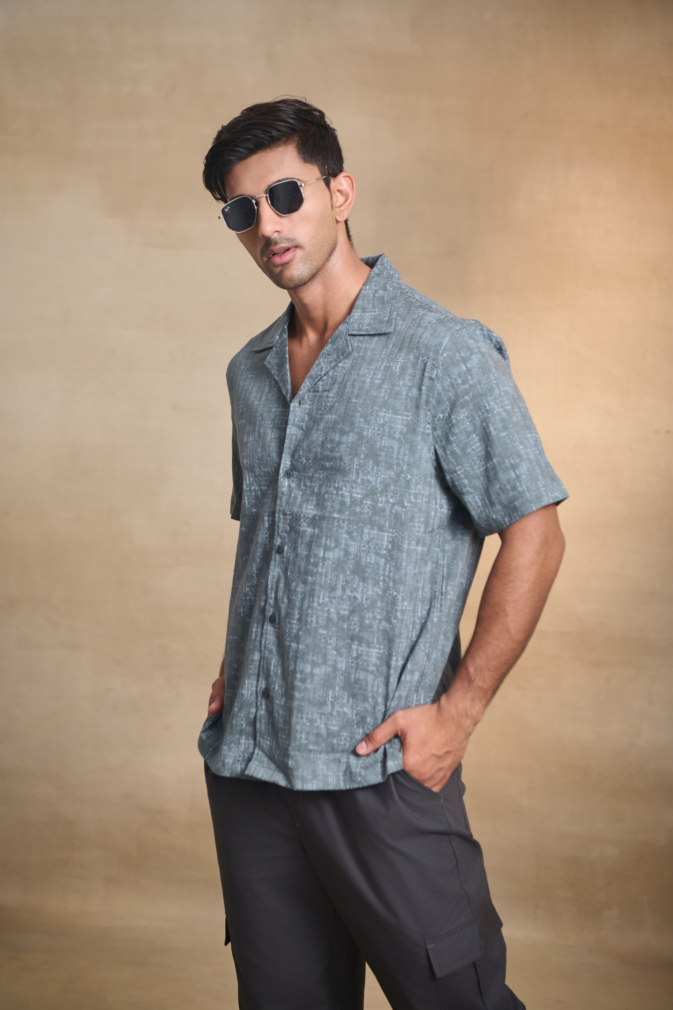 Half Sleeves Printed Cuban Collar Oversize Shirt - Green