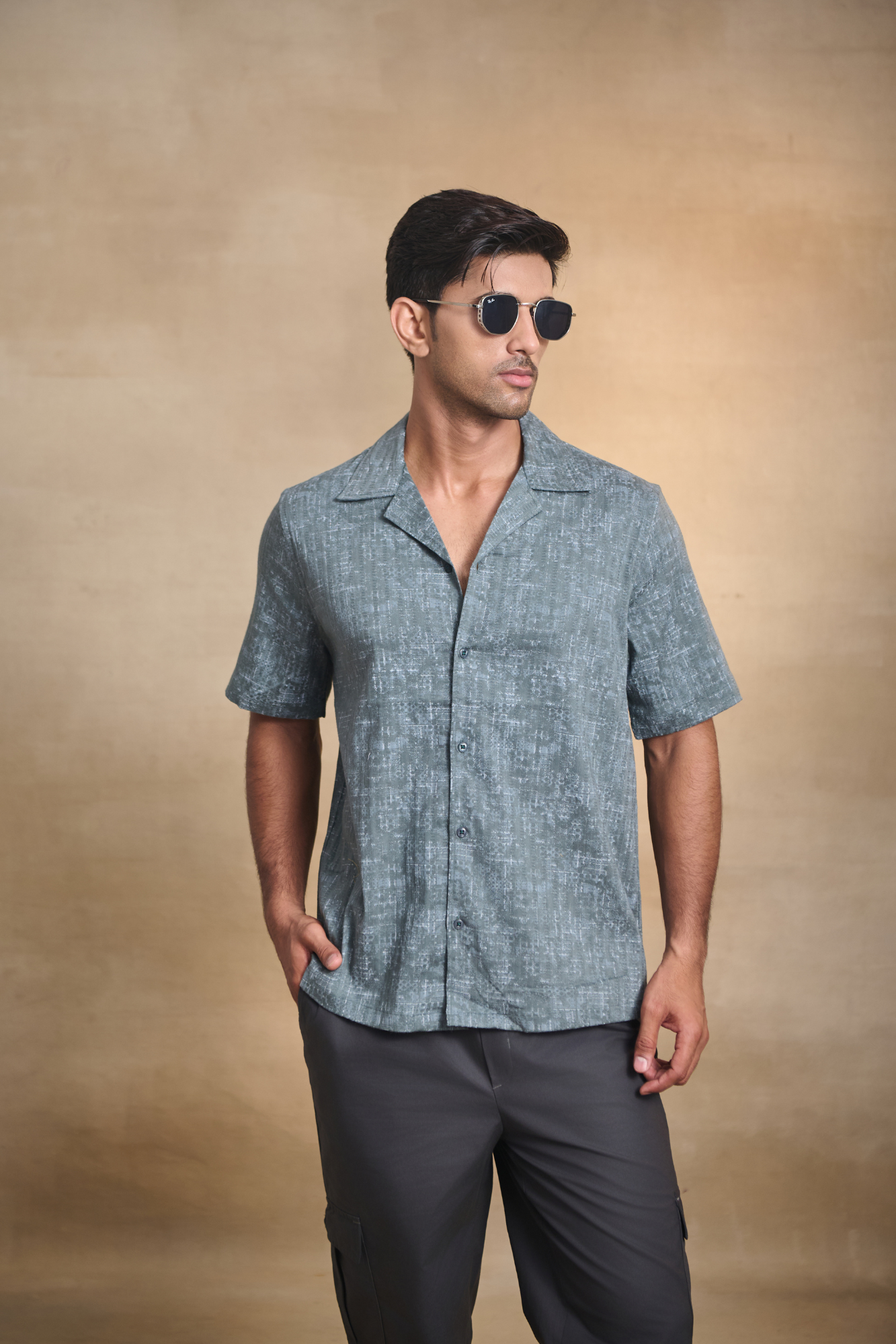 Half Sleeves Printed Cuban Collar Oversize Shirt - Green