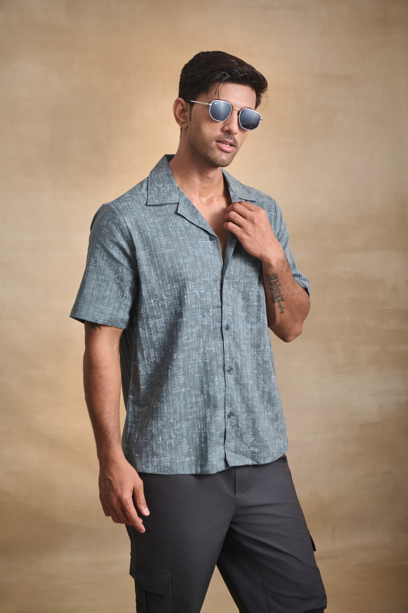 Half Sleeves Printed Cuban Collar Oversize Shirt - Green