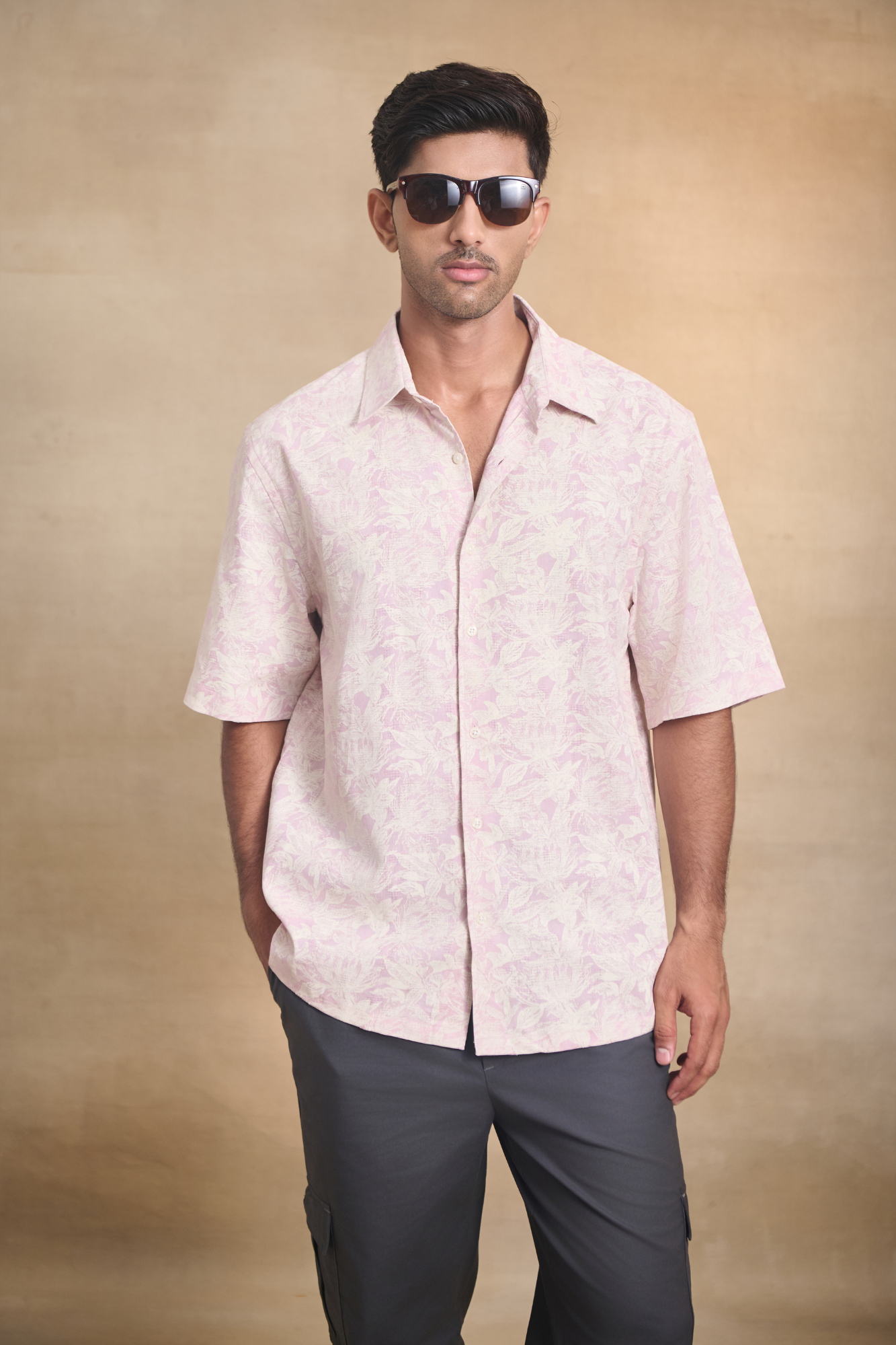 Half Sleeves Printed Classic Collar Oversize Shirt - Pink