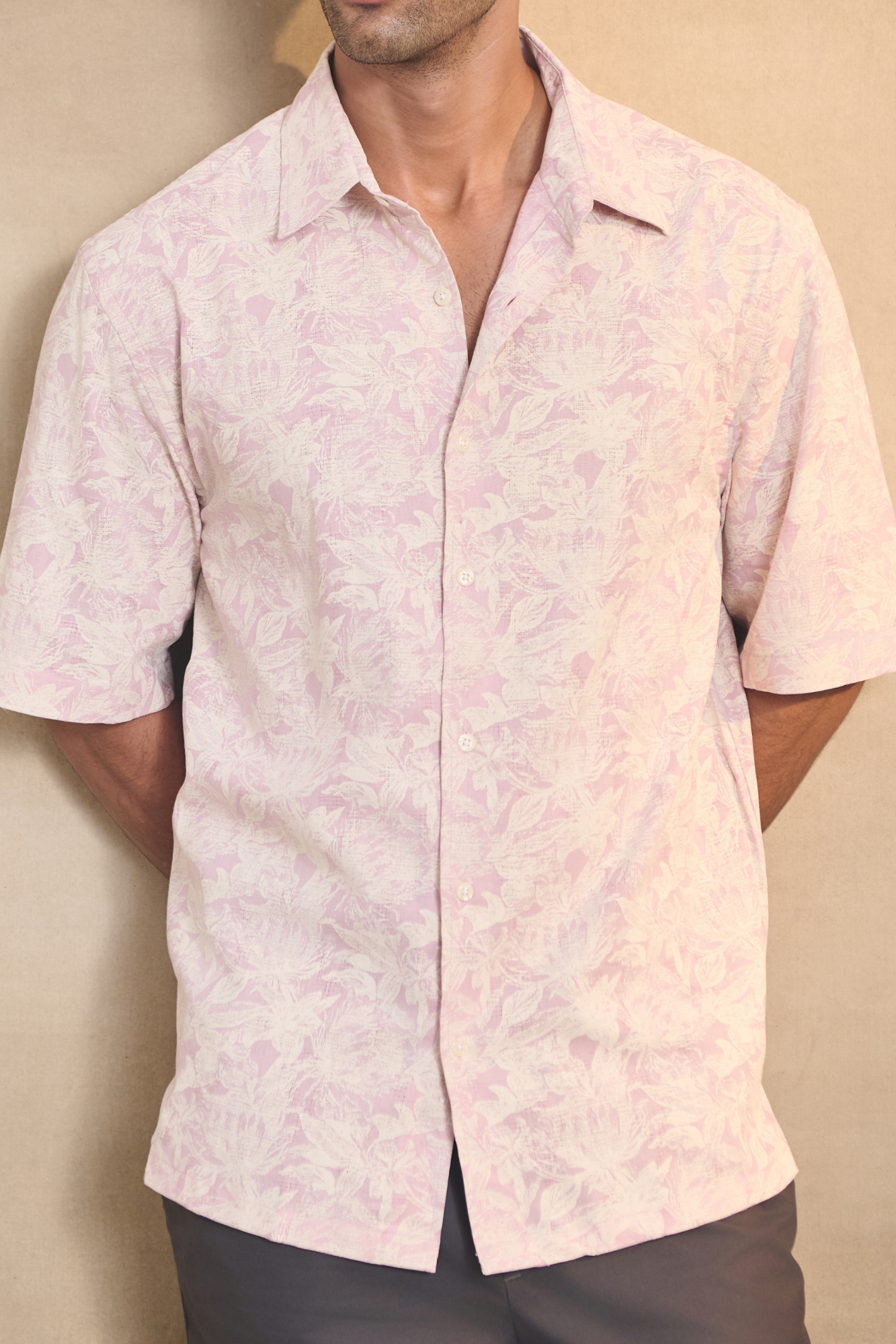 Half Sleeves Printed Classic Collar Oversize Shirt - Pink