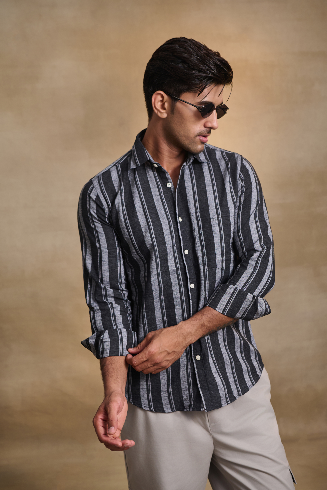 Classic Striped Shirt with Patch Pocket - Black