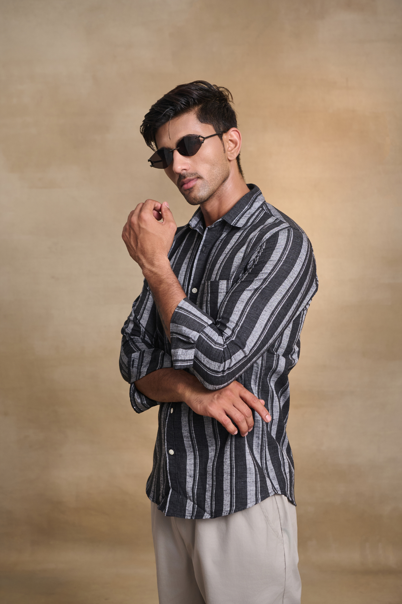 Classic Striped Shirt with Patch Pocket - Black