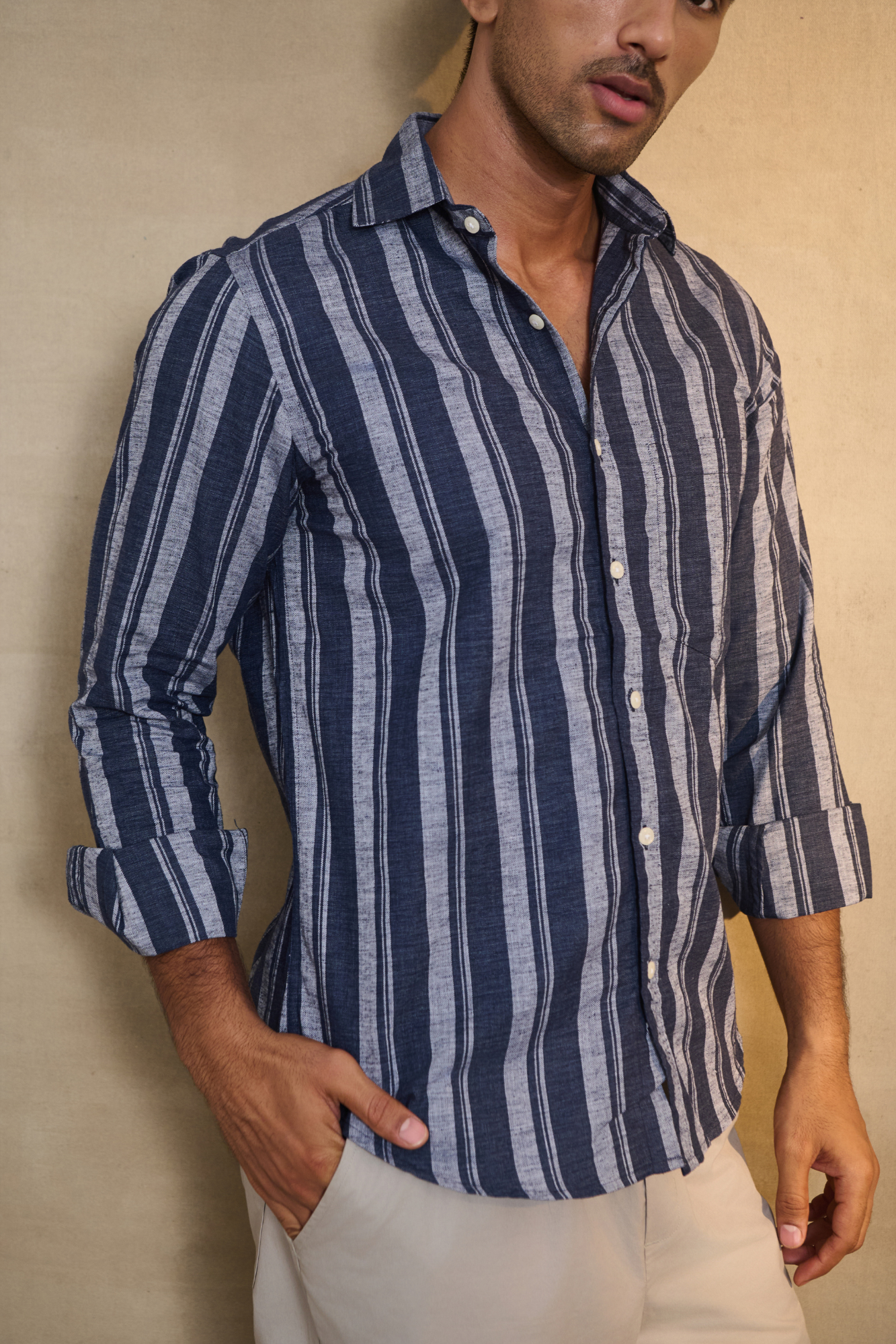 Classic Striped Shirt with Patch Pocket - Blue