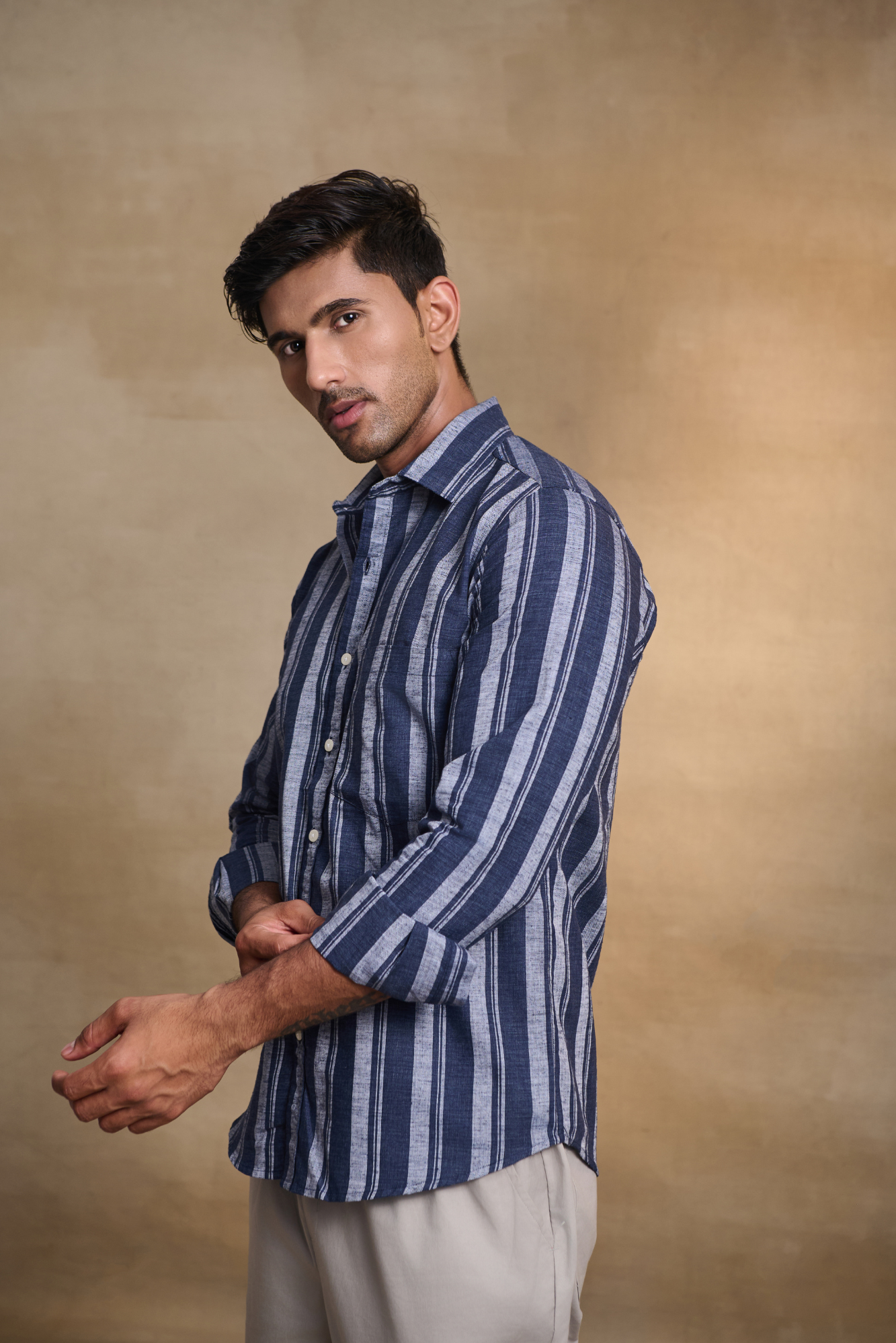 Classic Striped Shirt with Patch Pocket - Blue
